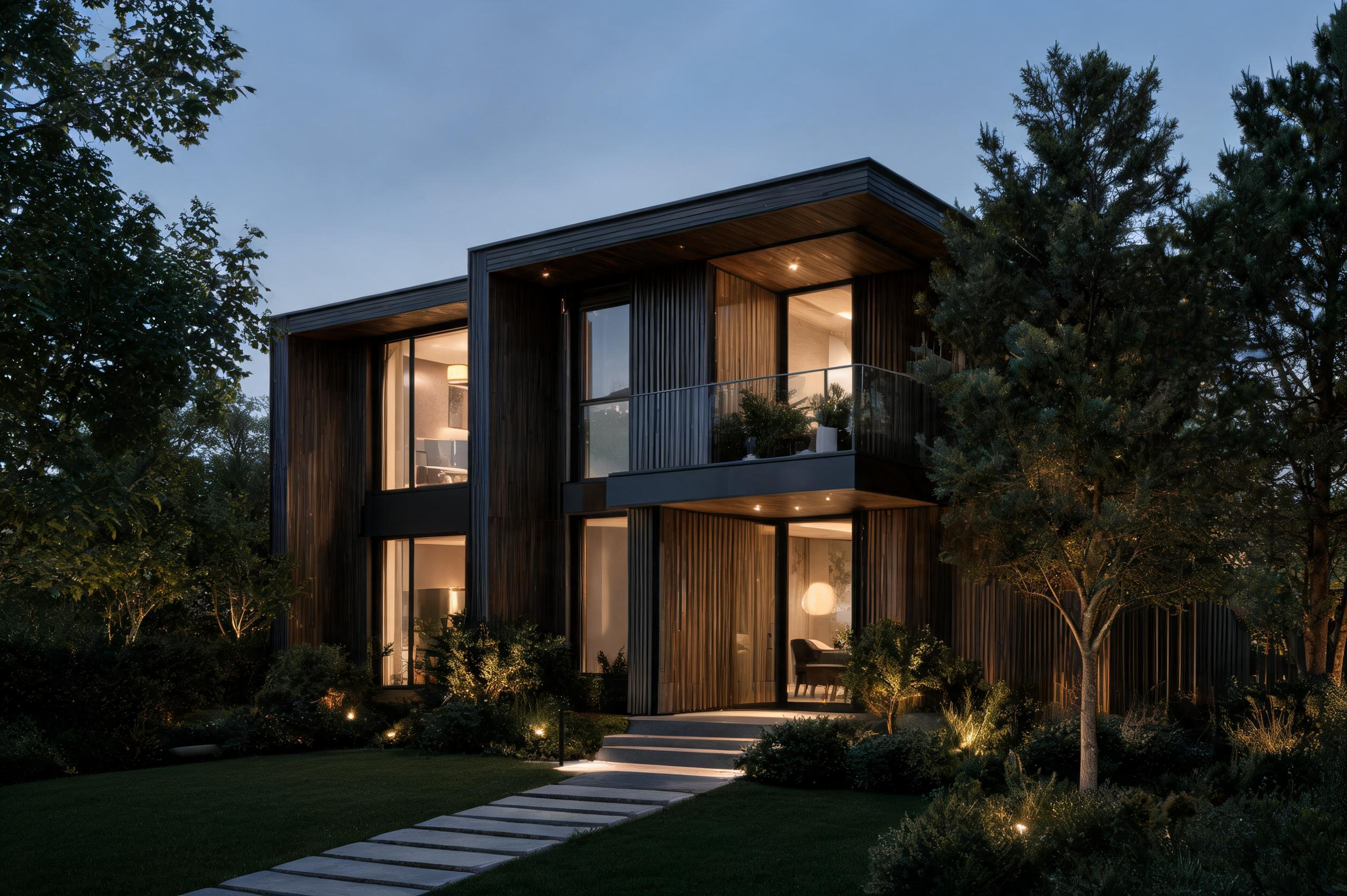 Modern house exterior at dusk