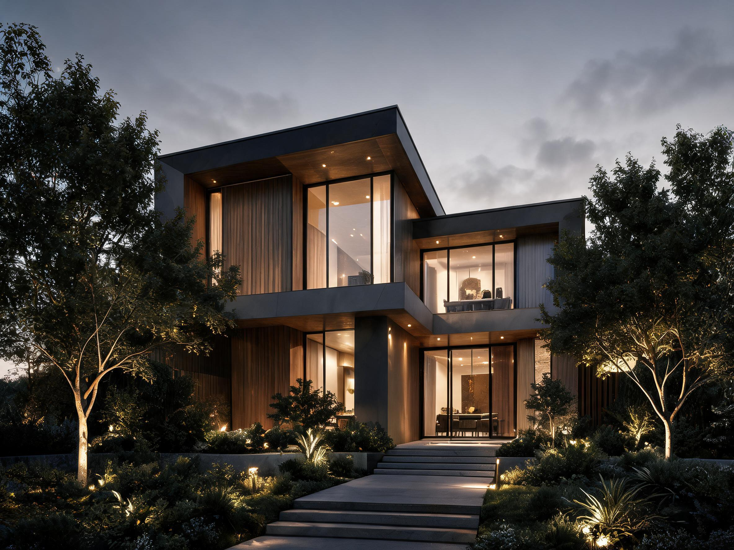 Modern luxury house exterior at dusk