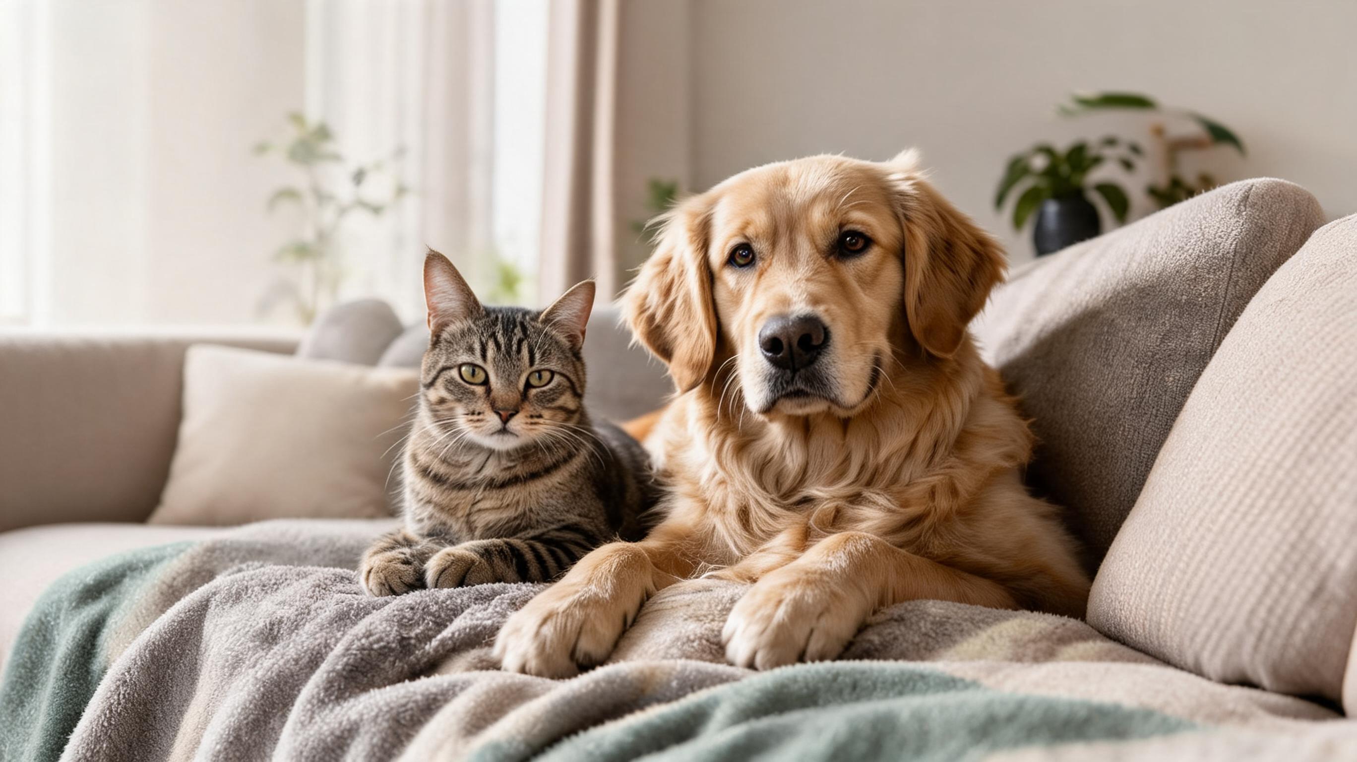 Golden retriever en kat op een bank