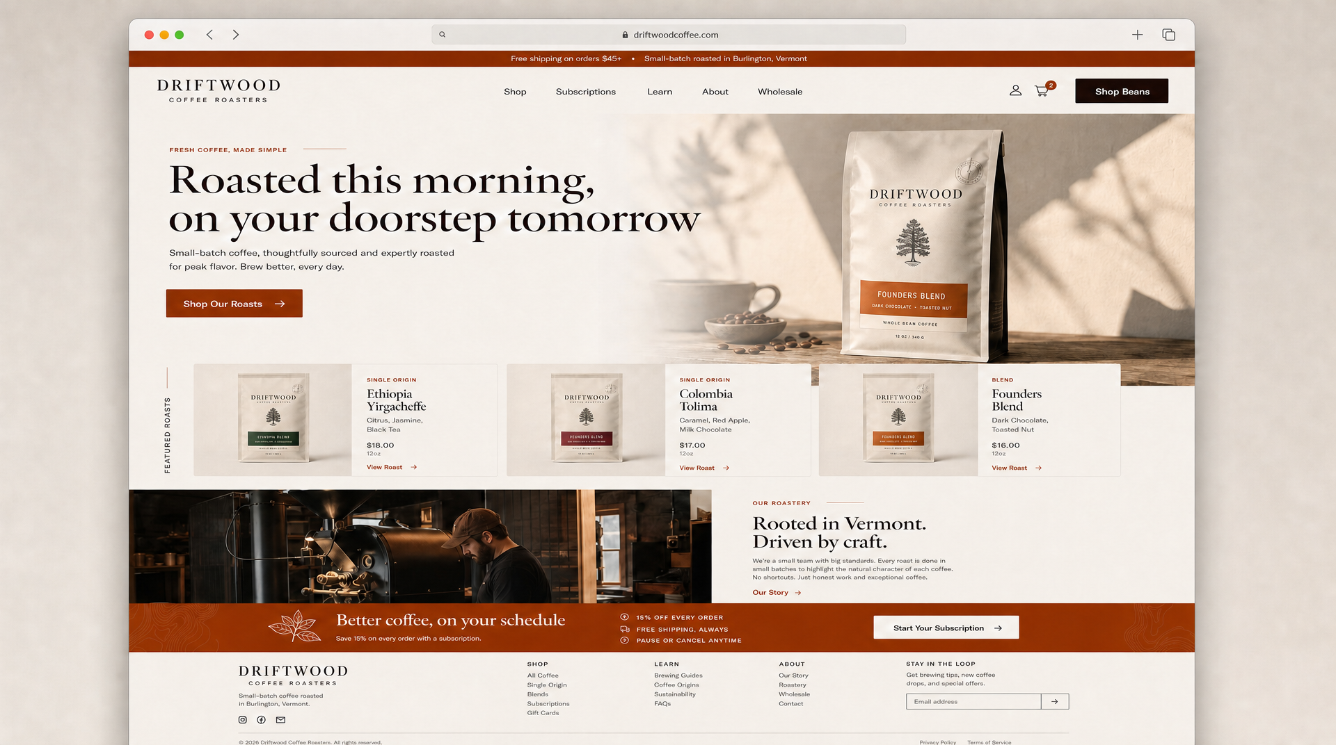 Finished high-fidelity mockup of the Driftwood Coffee Roasters homepage