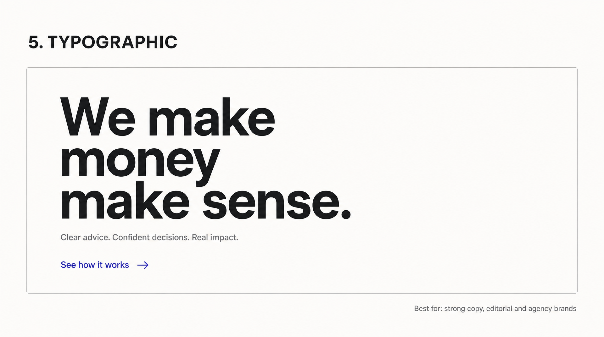 Typographic hero layout diagram: an oversized three-line headline with a single text link and no imagery