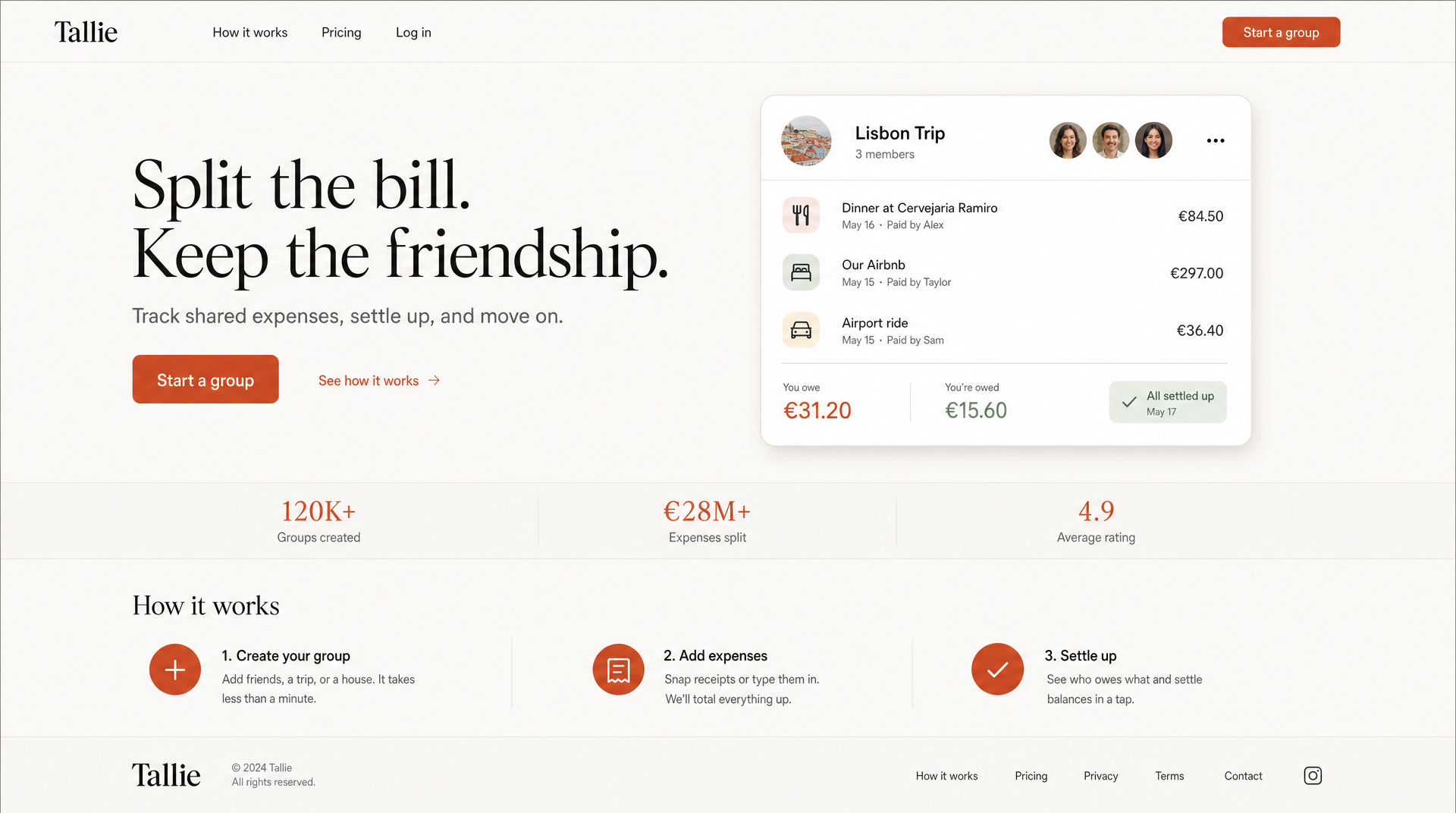 AIDesigner-generated landing page reference for Tallie, a fictional bill-splitting app, showing an off-white editorial layout with a serif headline, terracotta accent, and a floating expense-list card
