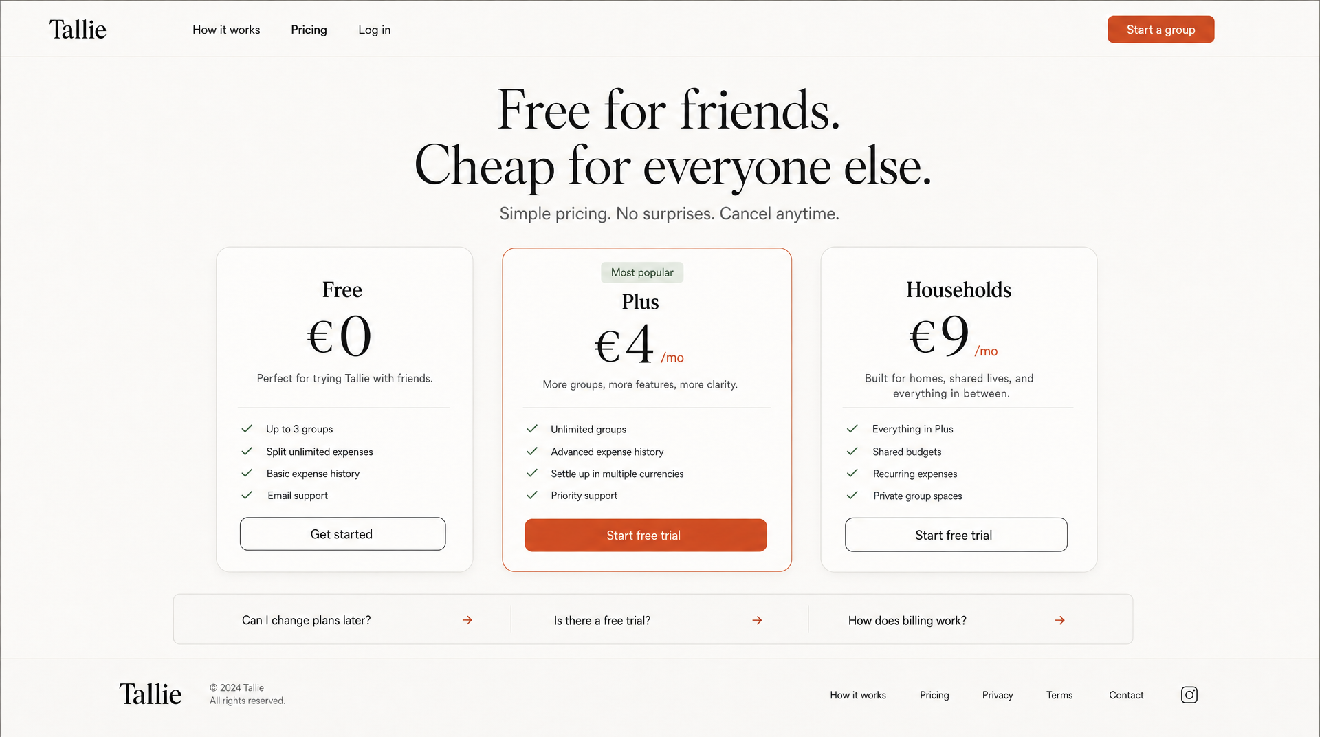 AIDesigner-generated pricing page for Tallie in the same visual language, with three plan cards and the middle plan highlighted in terracotta