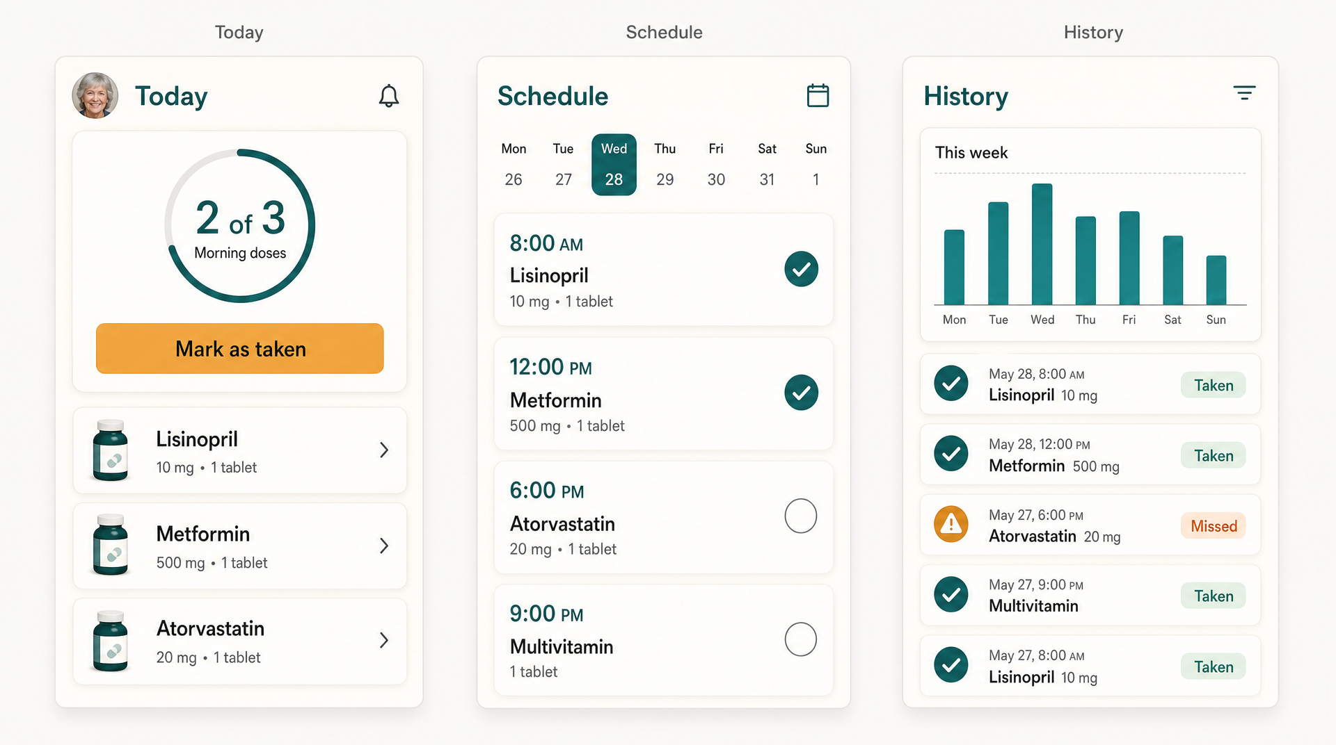Finished high-fidelity UI for the same three Cadence screens in teal and amber