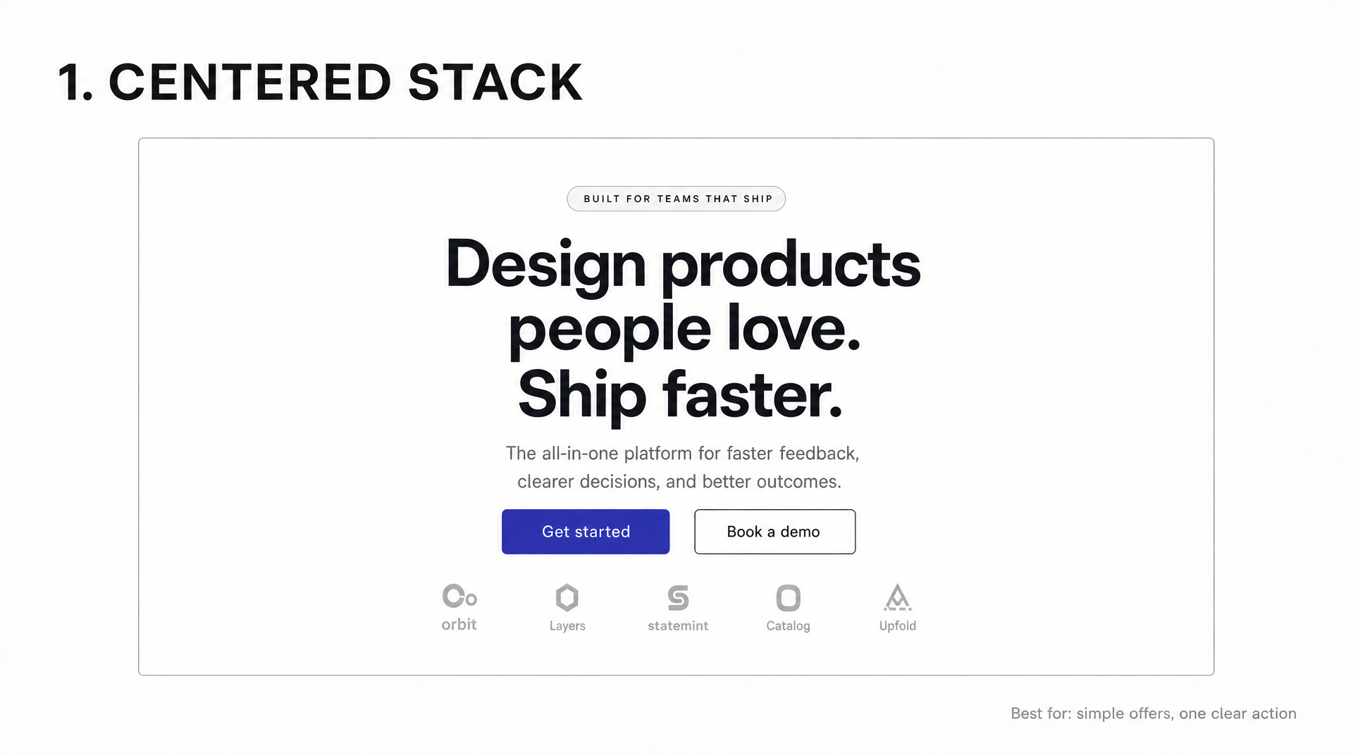 Centered stack hero layout diagram: eyebrow, headline, subhead, two buttons, and a logo row all centered on one column