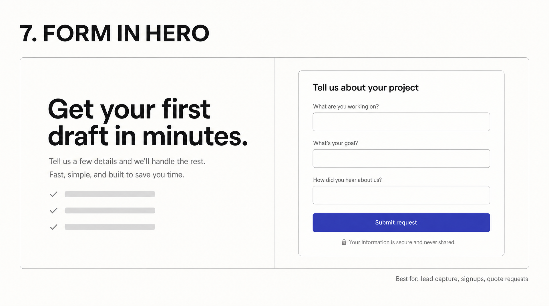 Form in hero layout diagram: headline and checklist on the left, a bordered form card with three fields on the right