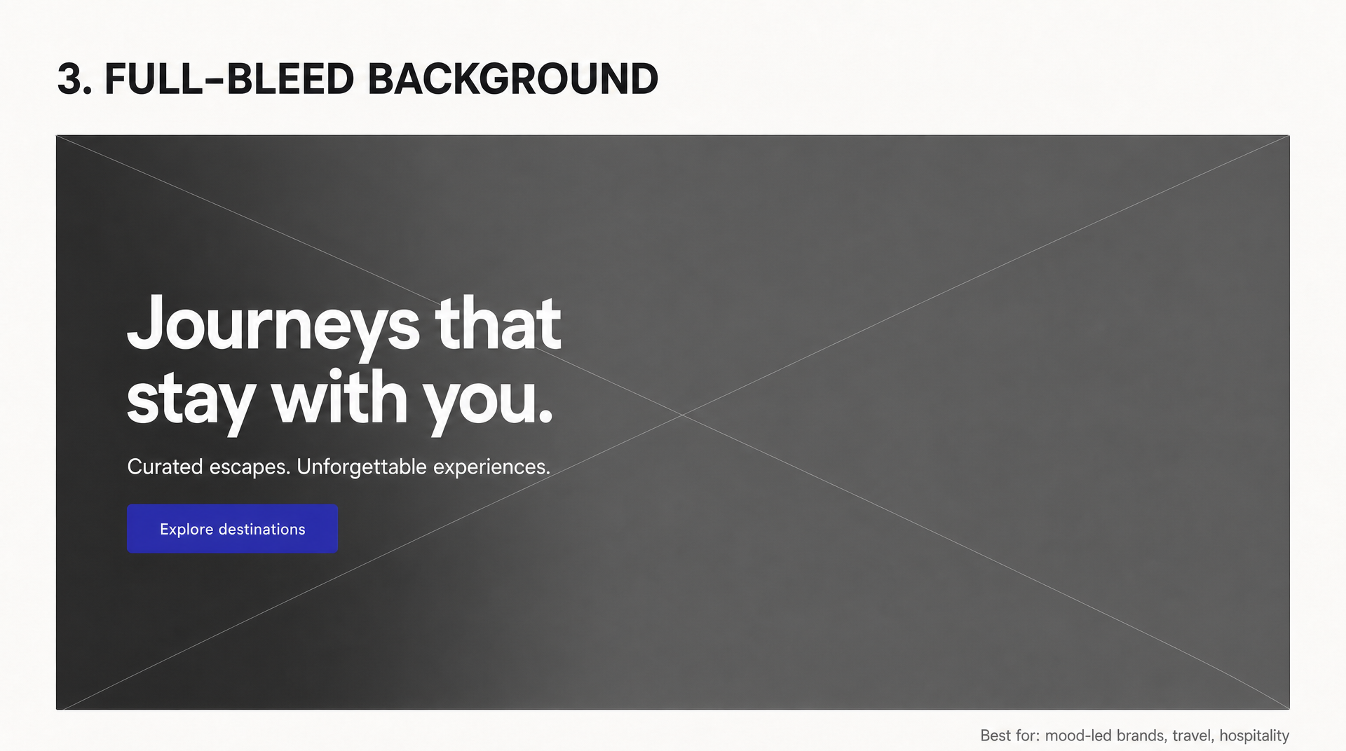 Full-bleed background hero layout diagram: white headline and button over a dark edge-to-edge image area