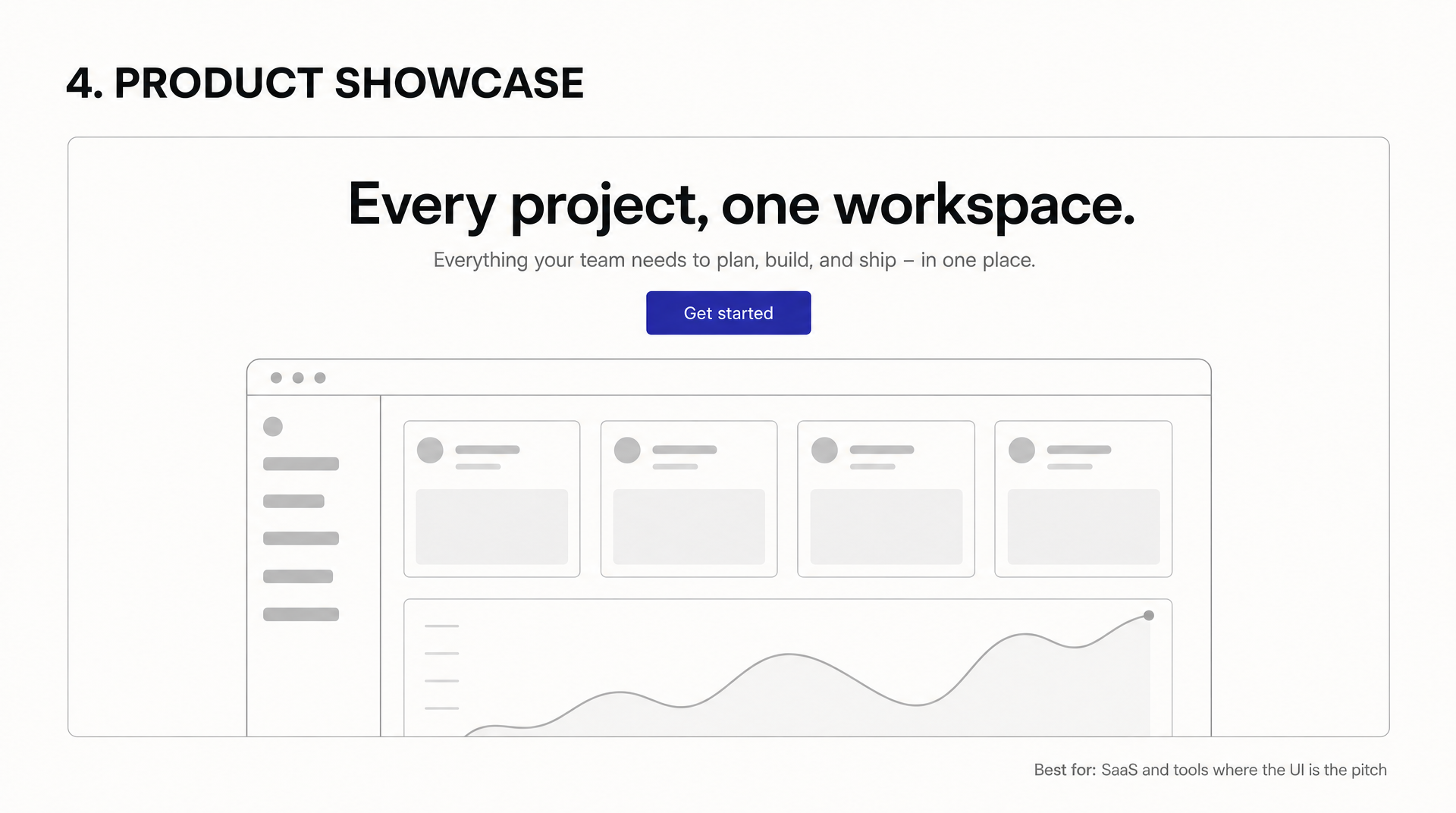 Product showcase hero layout diagram: centered headline and button above a cropped app interface wireframe