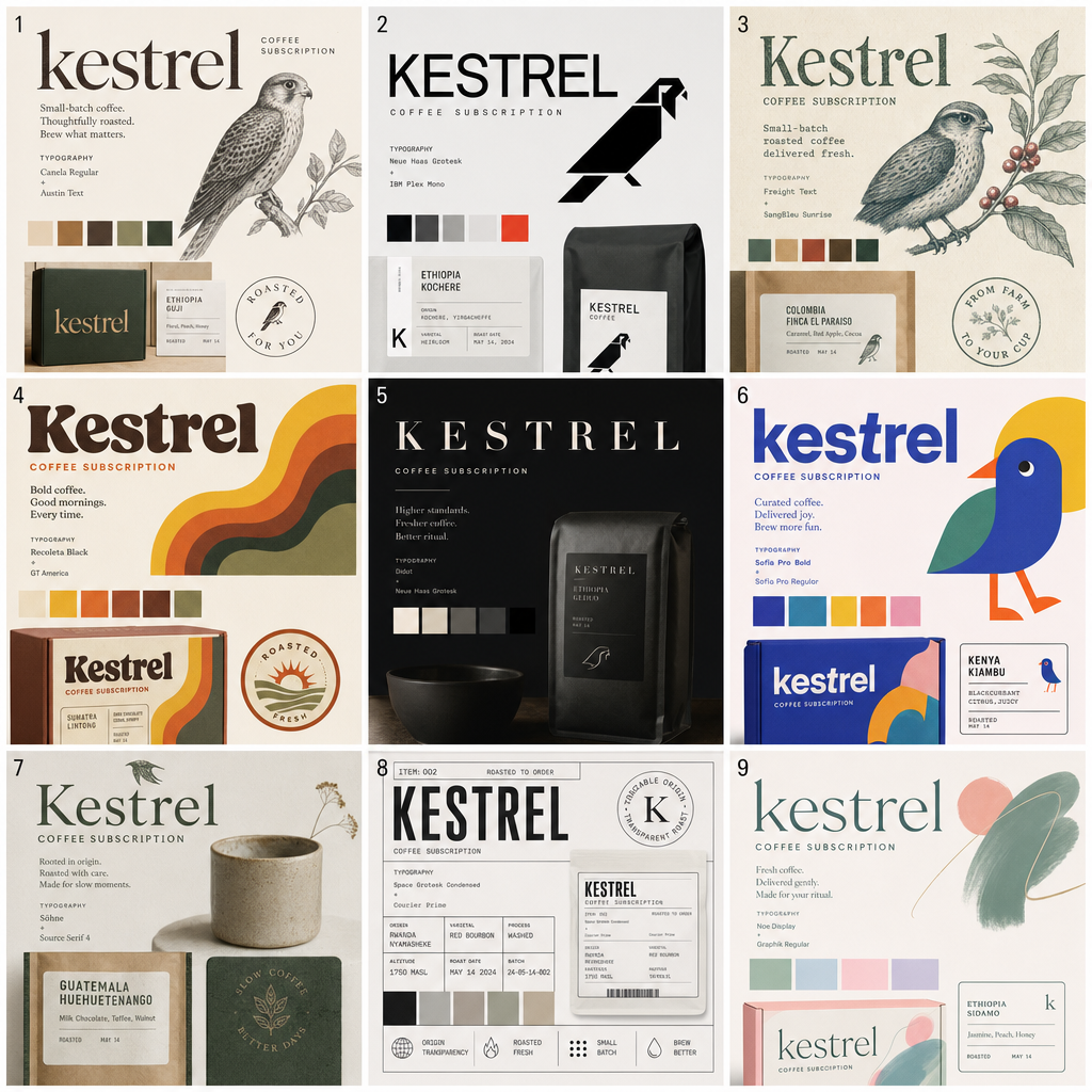 Nine-tile brand direction board for a fictional coffee subscription called Kestrel, each tile showing a logotype, color palette, typography pairing, and packaging mockup