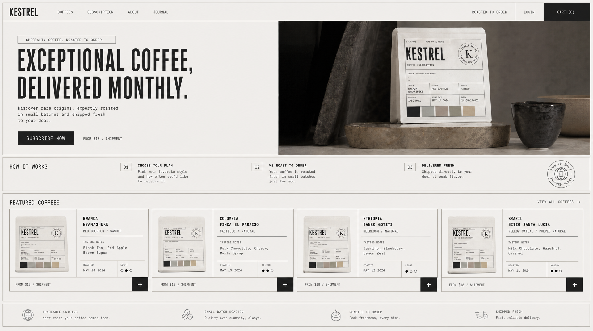 Homepage concept for the Kestrel coffee subscription in an archival technical-label style, showing a hero, a three-step how-it-works row, and four product cards with origin and tasting notes