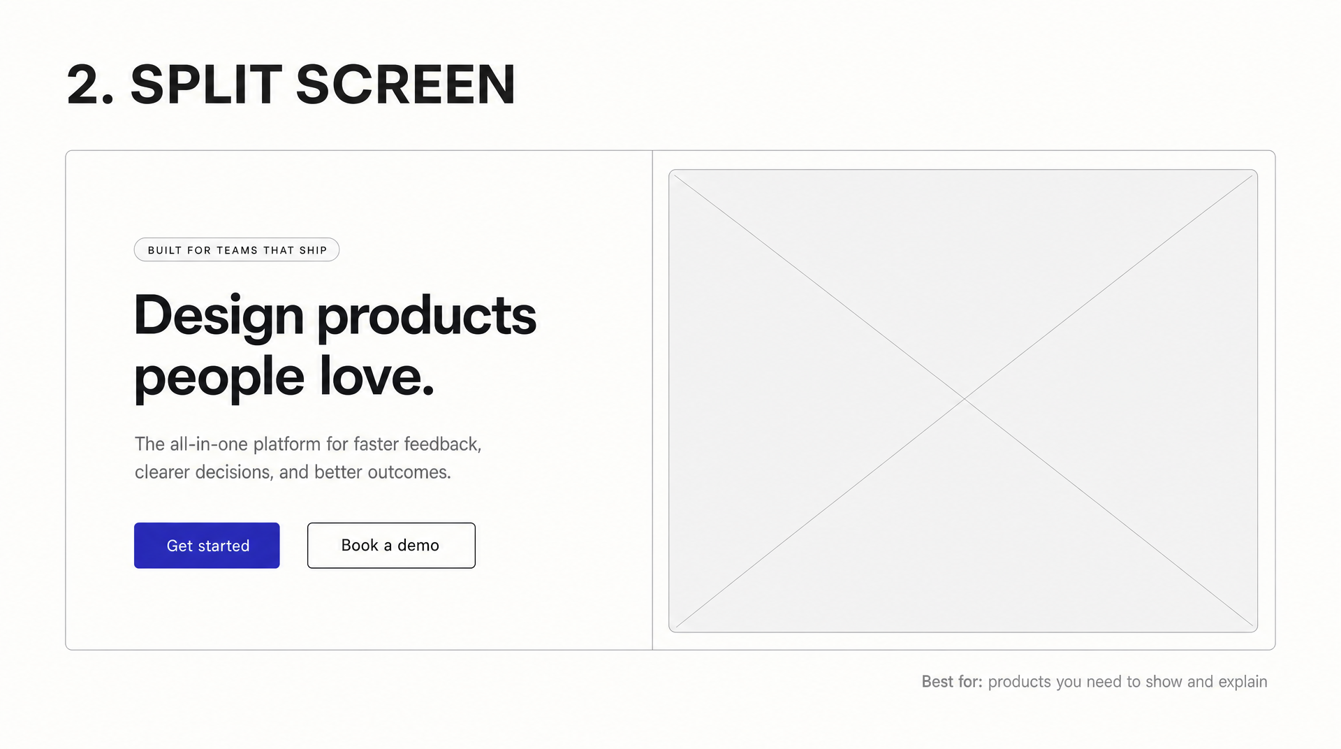 Split screen hero layout diagram: copy and buttons on the left half, a large image placeholder on the right half