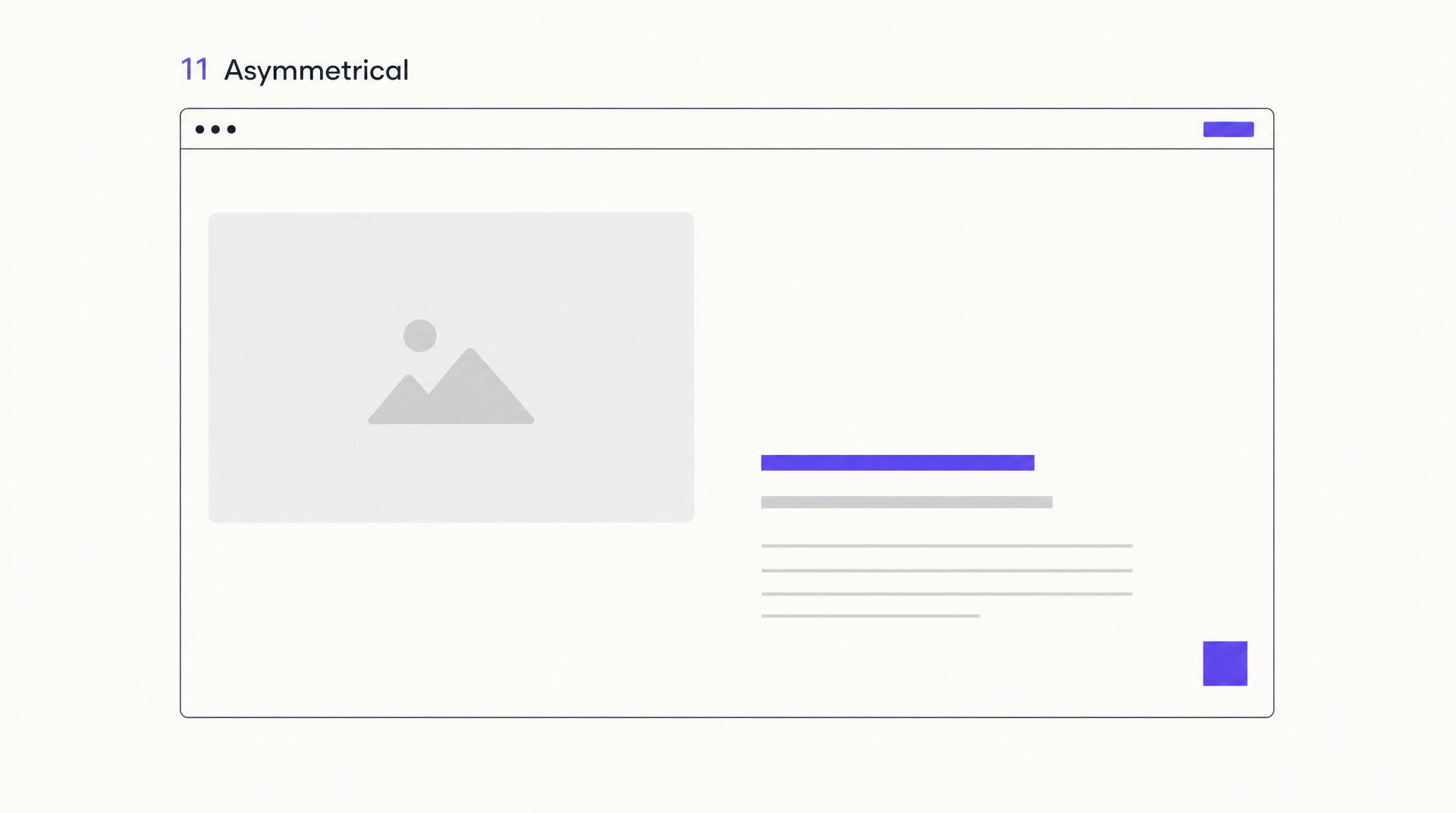 Asymmetrical website layout wireframe: off-center image and text blocks balanced by whitespace and a small counterweight element