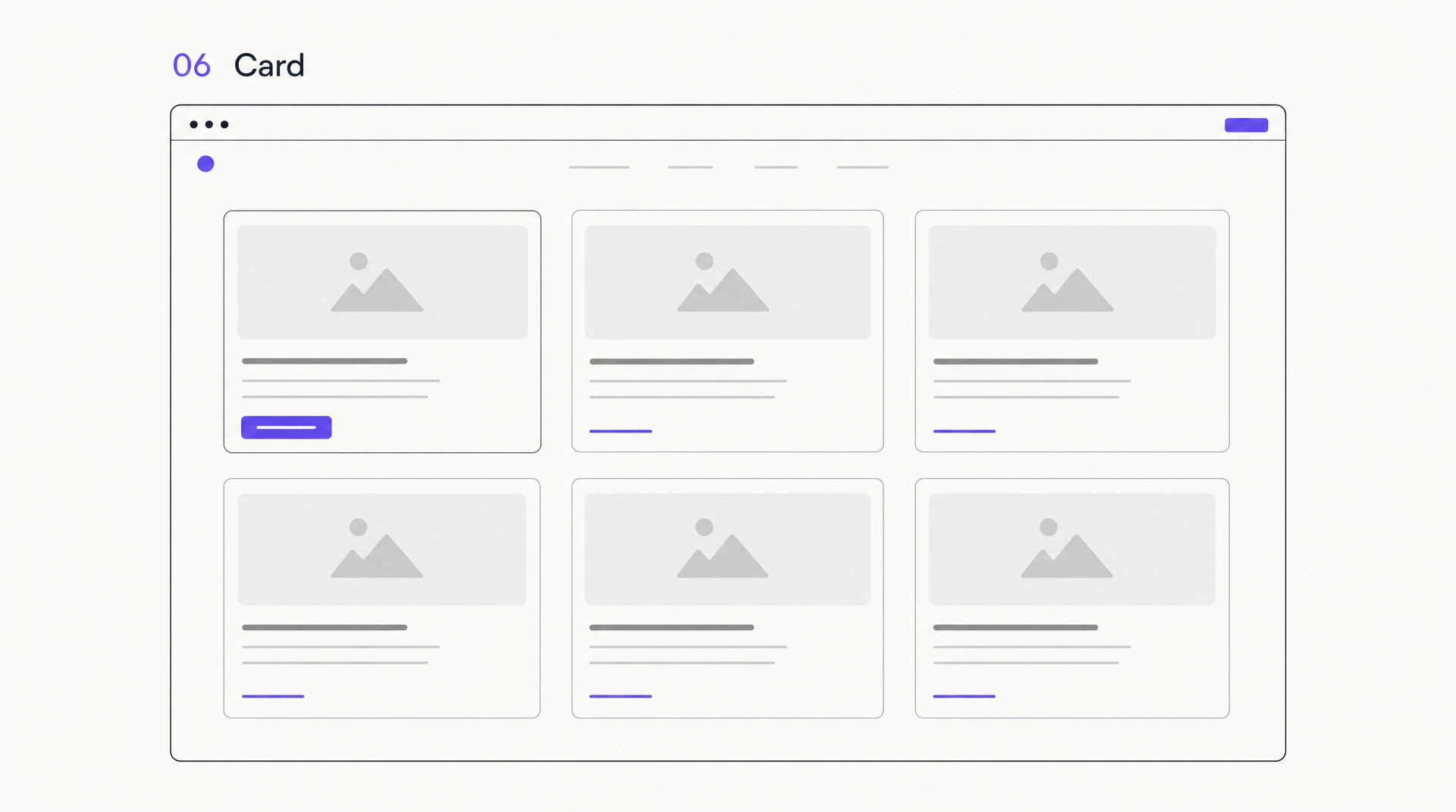Card website layout wireframe: a 3x2 grid of self-contained cards with image, headline, text lines, and a link