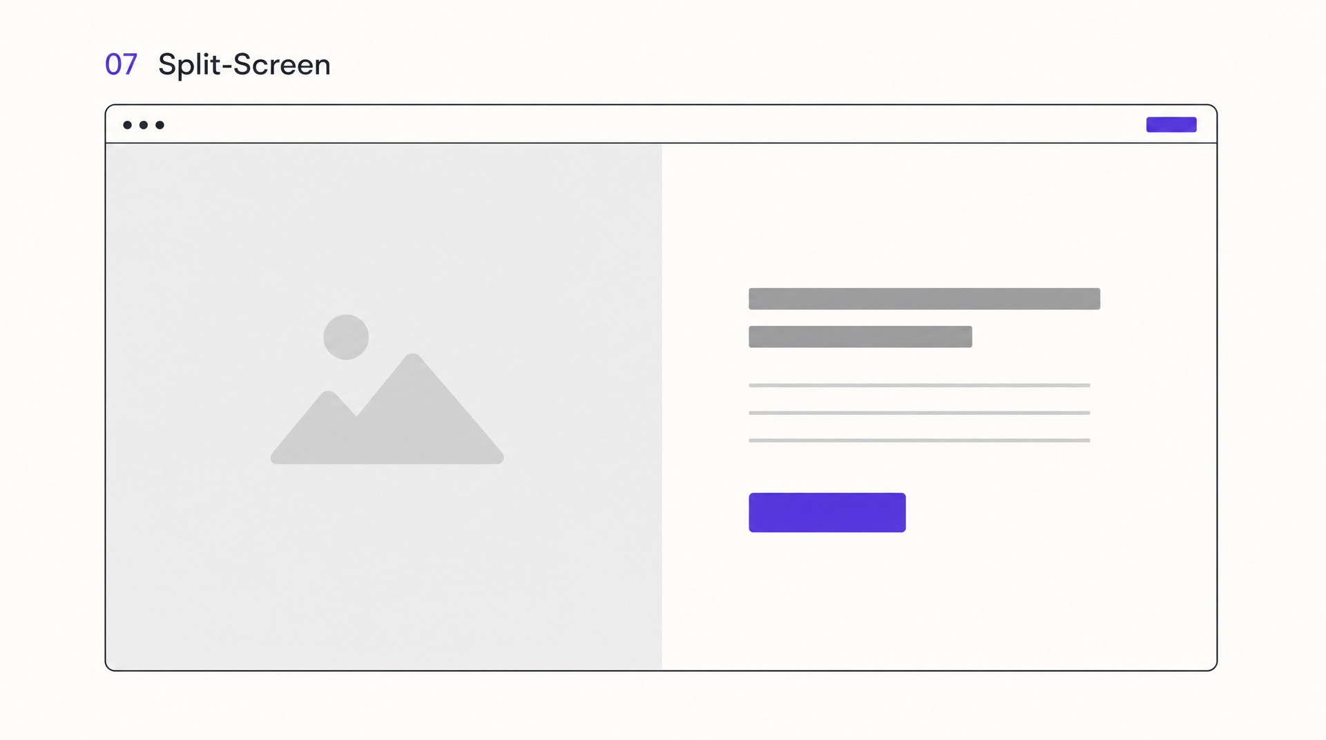 Split-screen website layout wireframe: two equal vertical halves, image on the left, headline and CTA on the right