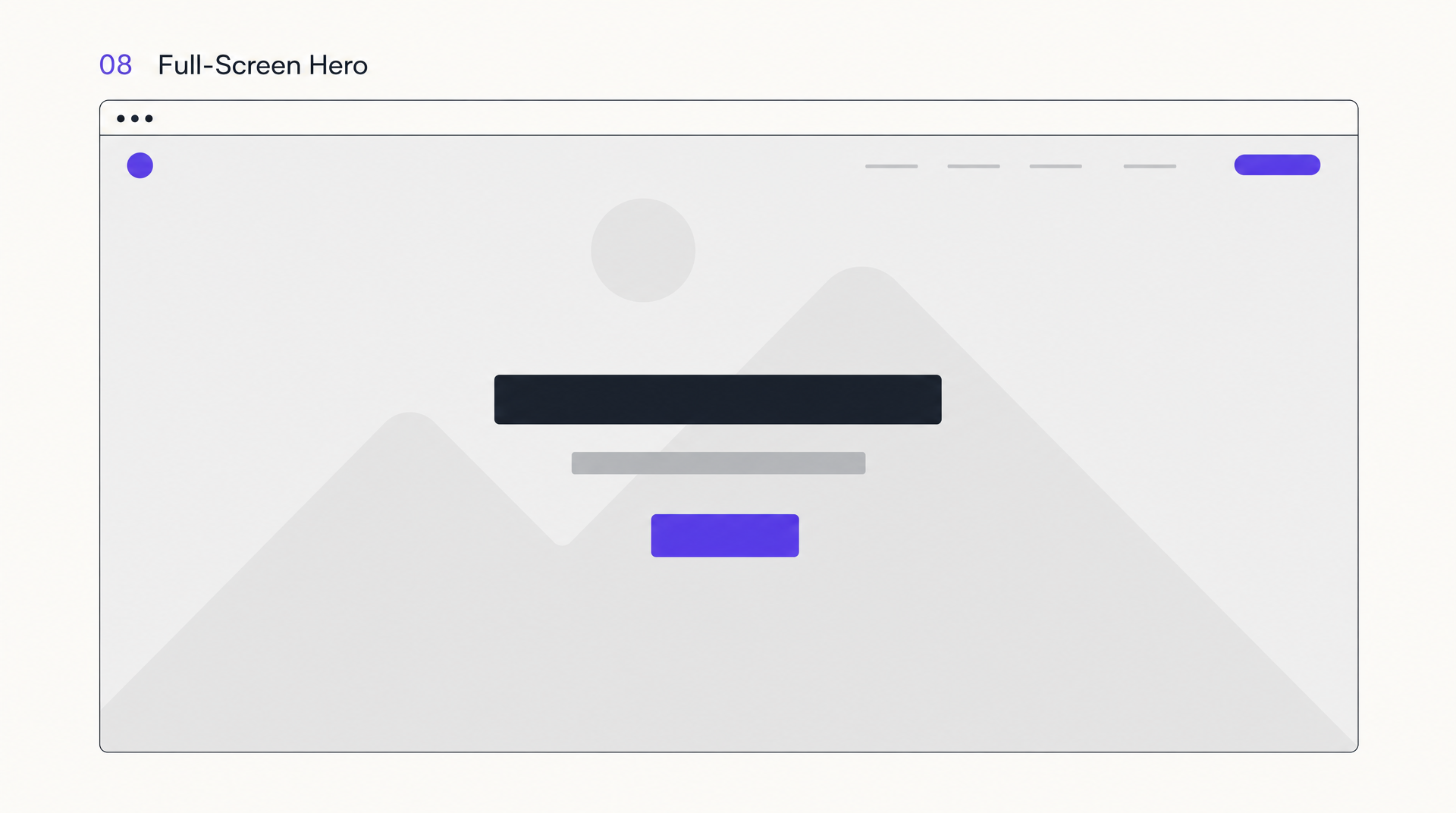 Full-screen hero website layout wireframe: an edge-to-edge visual with a centered headline, subhead, and single CTA