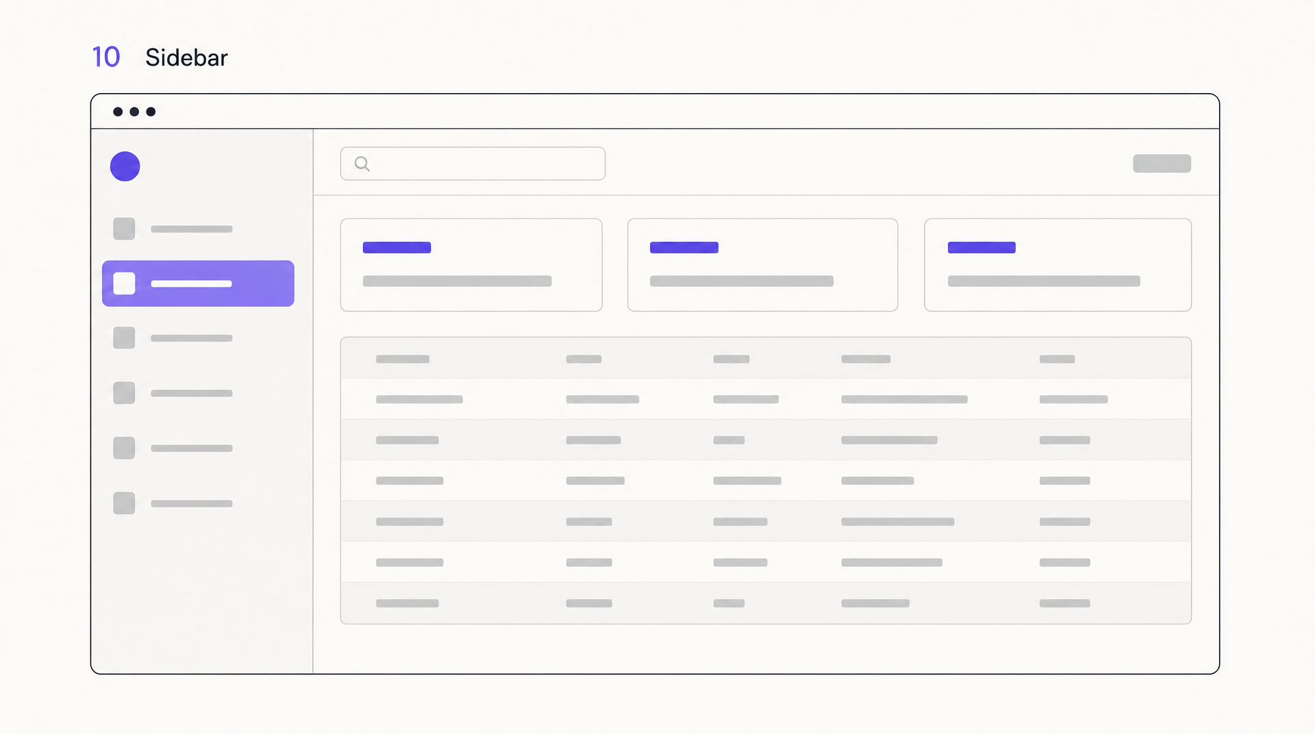 Sidebar website layout wireframe: a fixed left navigation column beside a main content area with stat cards and a table