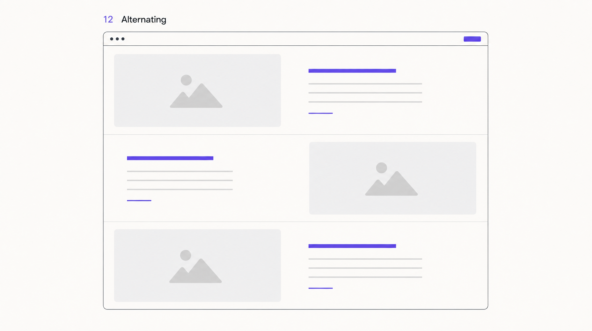 Alternating website layout wireframe: three stacked rows where image and text swap sides on each row
