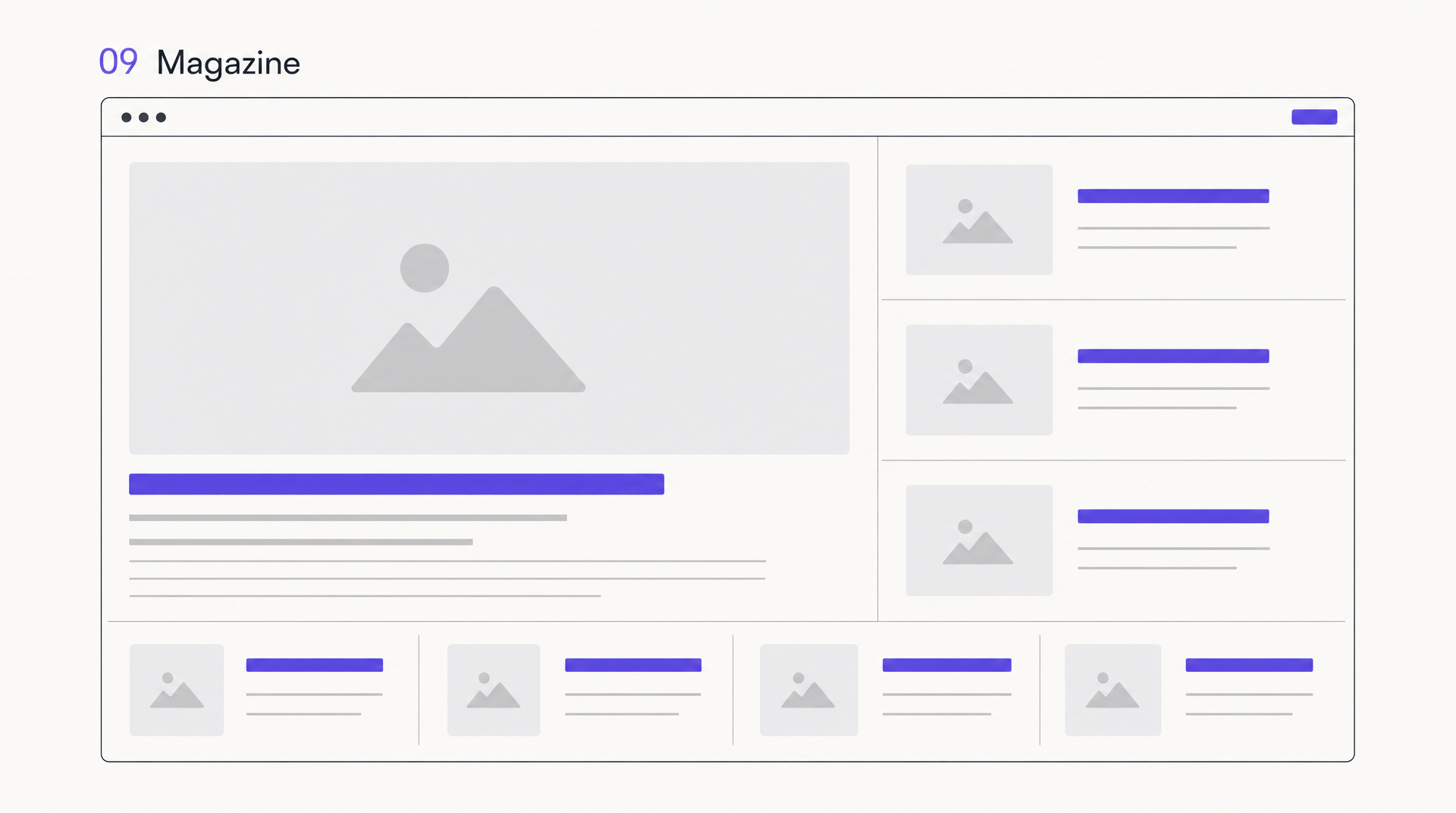 Magazine website layout wireframe: a dominant lead story, a column of secondary stories, and a row of small items