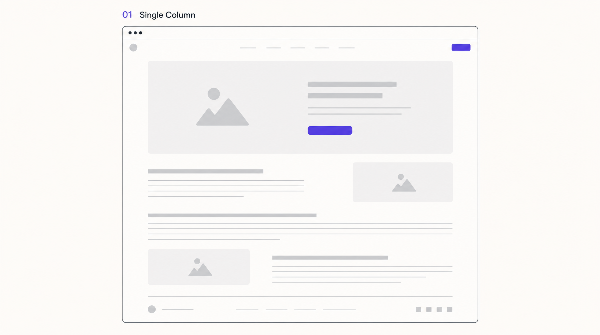Single-column website layout wireframe: nav, hero with CTA, and stacked full-width sections in one vertical run