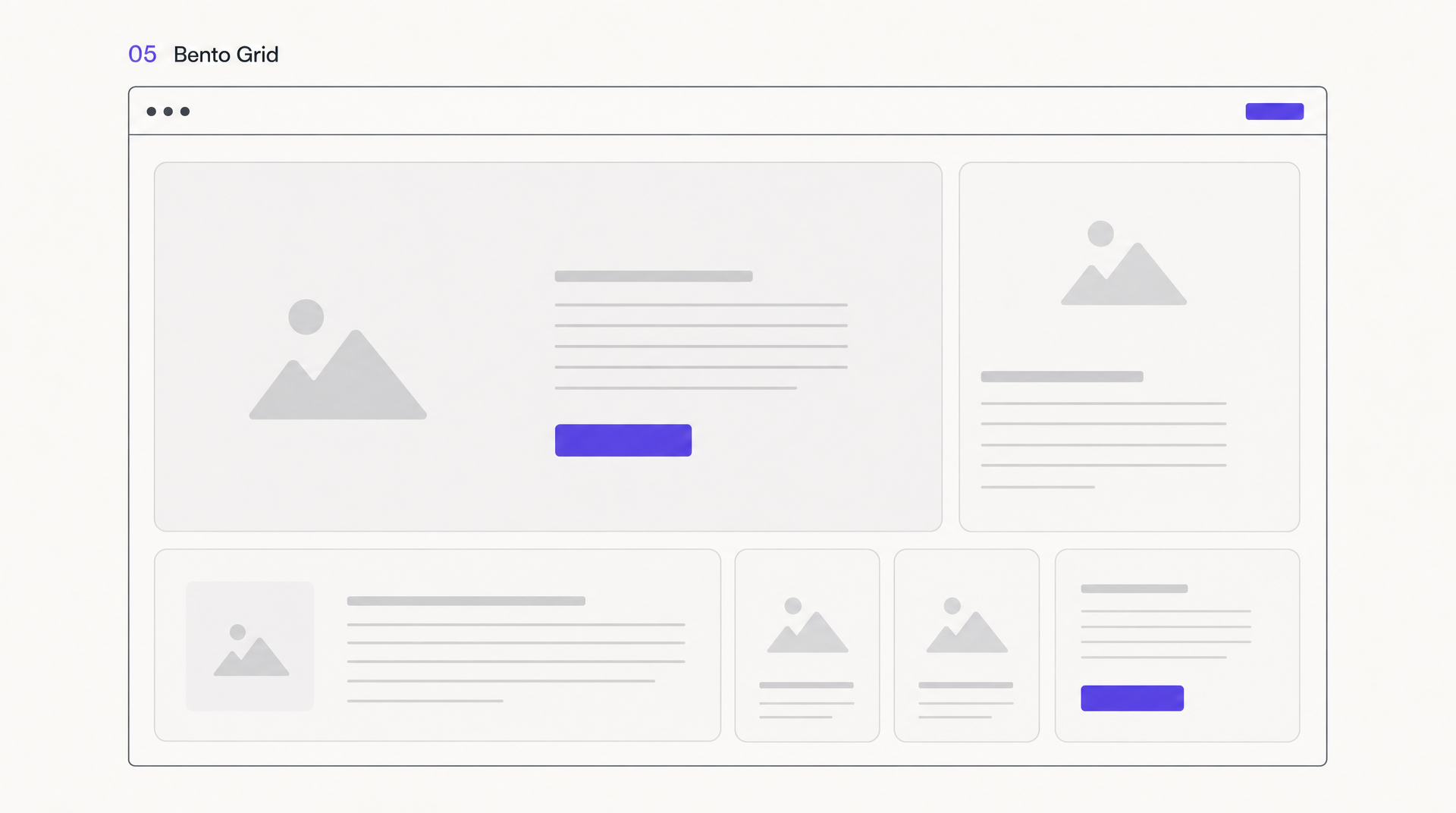 Bento grid website layout wireframe: one dominant feature card with smaller unequal cards packed around it