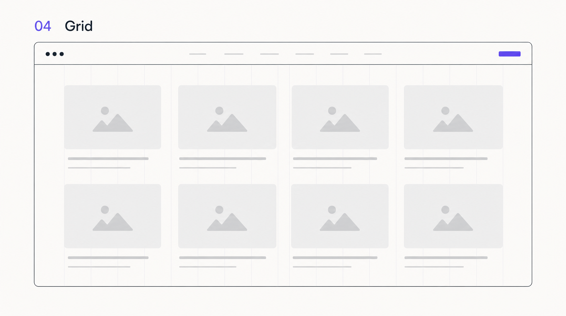 Grid website layout wireframe: a 4x2 arrangement of identical cells snapped to even column guides