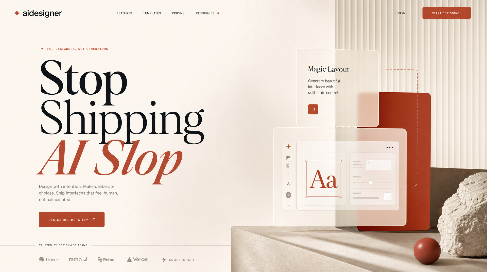 A landing page hero rendered in editorial style with serif display type, a single warm cream background, and a sharp terracotta accent — the antithesis of generic AI-slop output