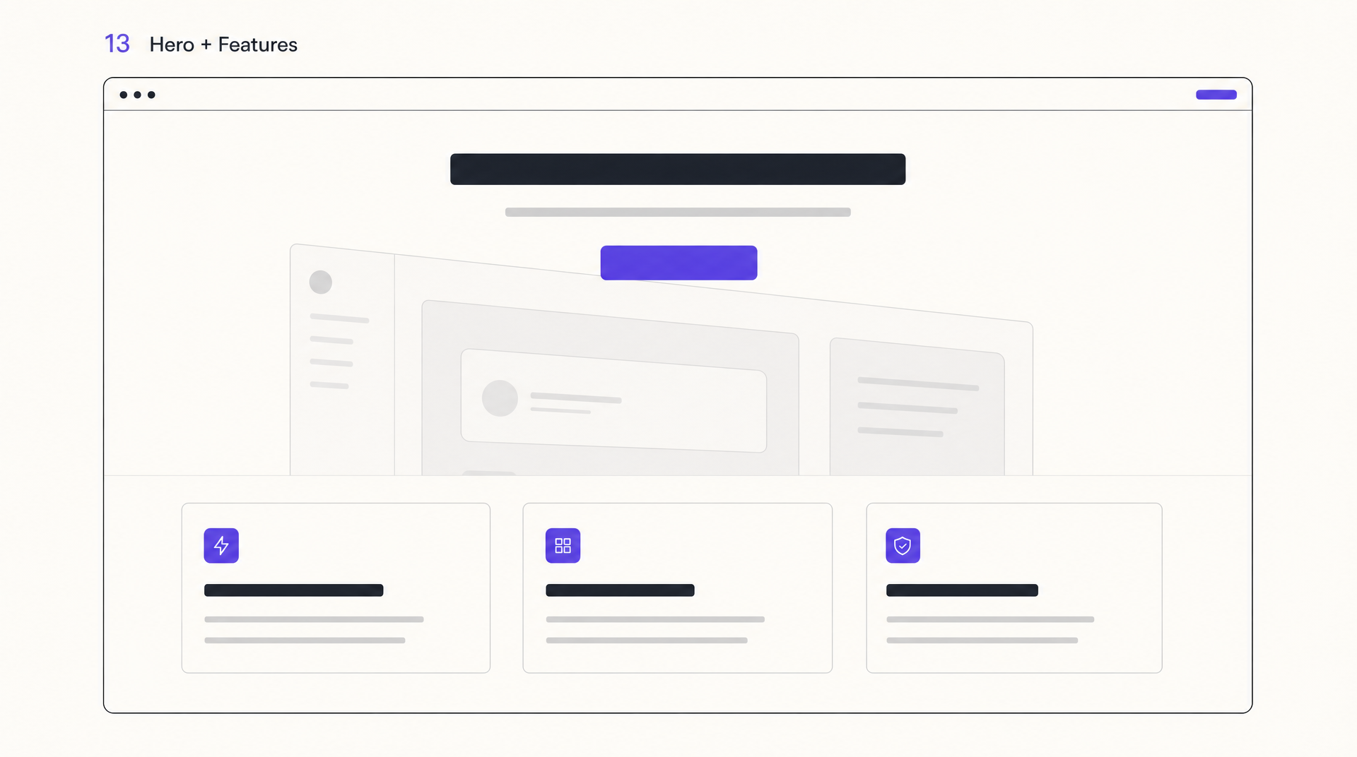 Hero-plus-features website layout wireframe: a centered hero with CTA above a row of three benefit cards with icons