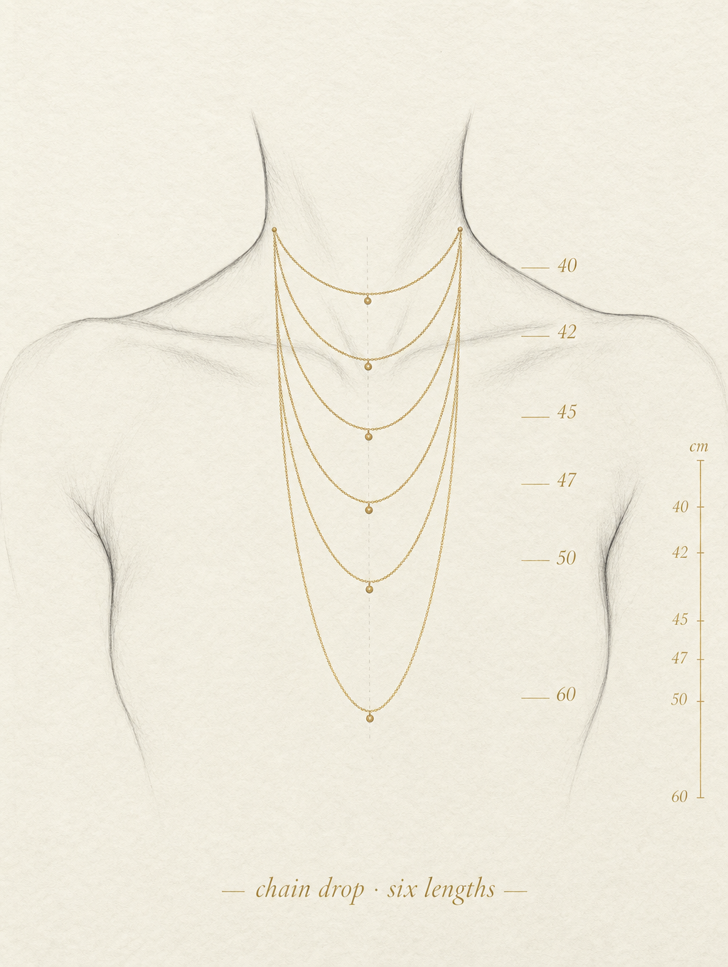 Chain drop diagram — six lengths from 40 to 60 cm on faceless décolletage — Misy atelier sketch