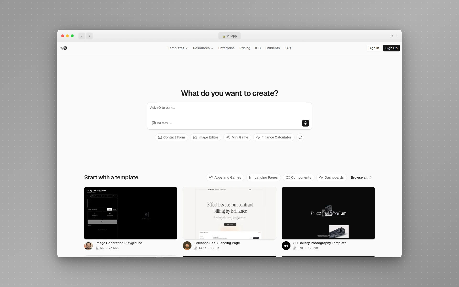 v0 homepage
