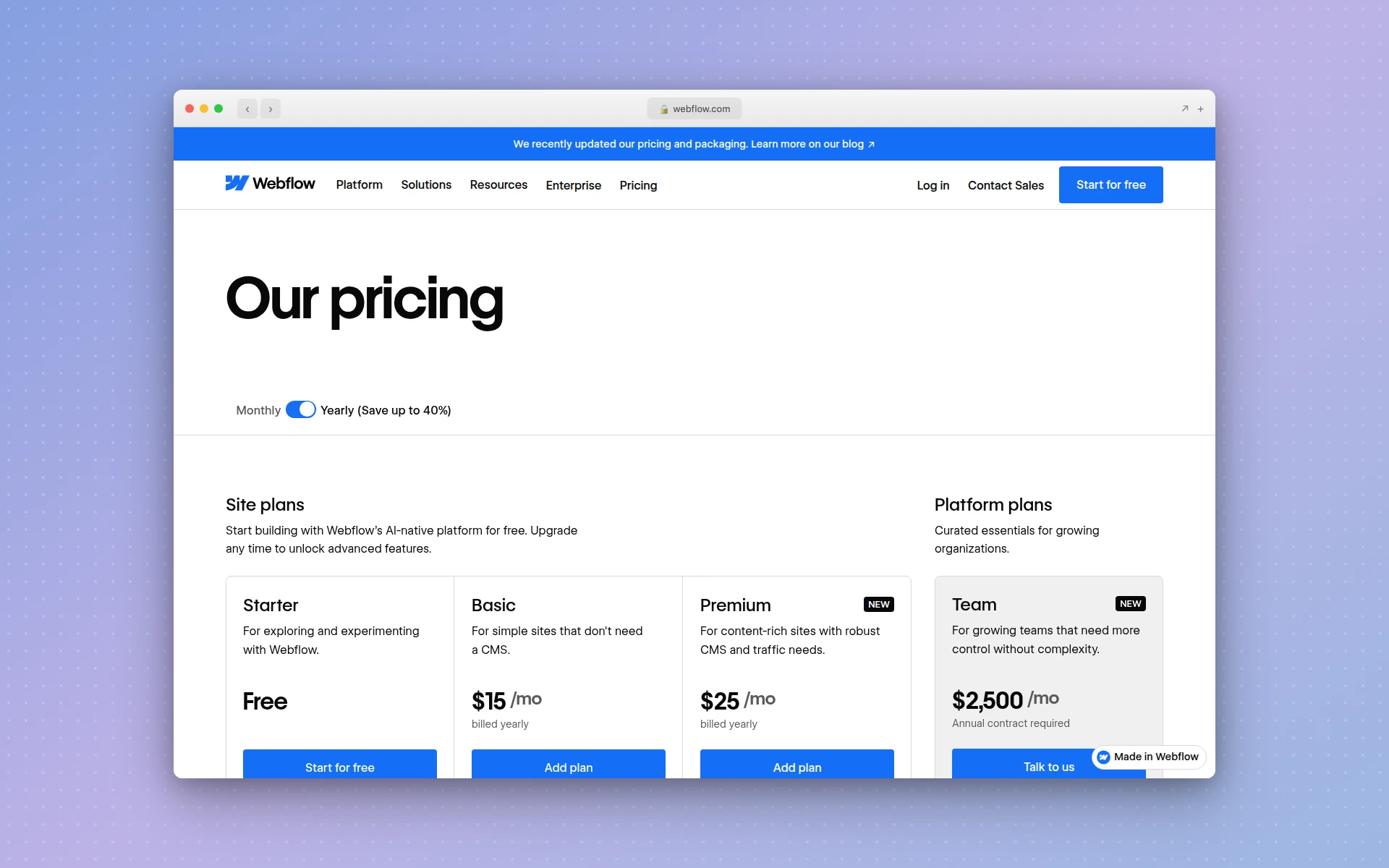 Webflow pricing page