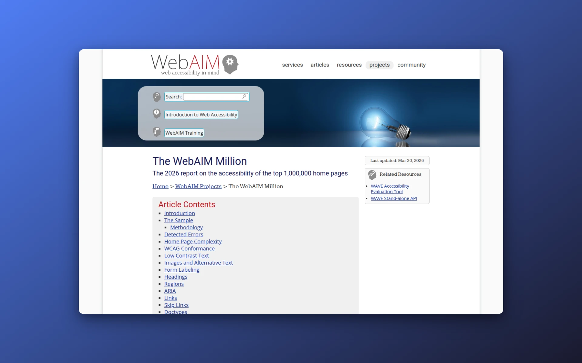 The WebAIM Million accessibility report showing home page analysis results