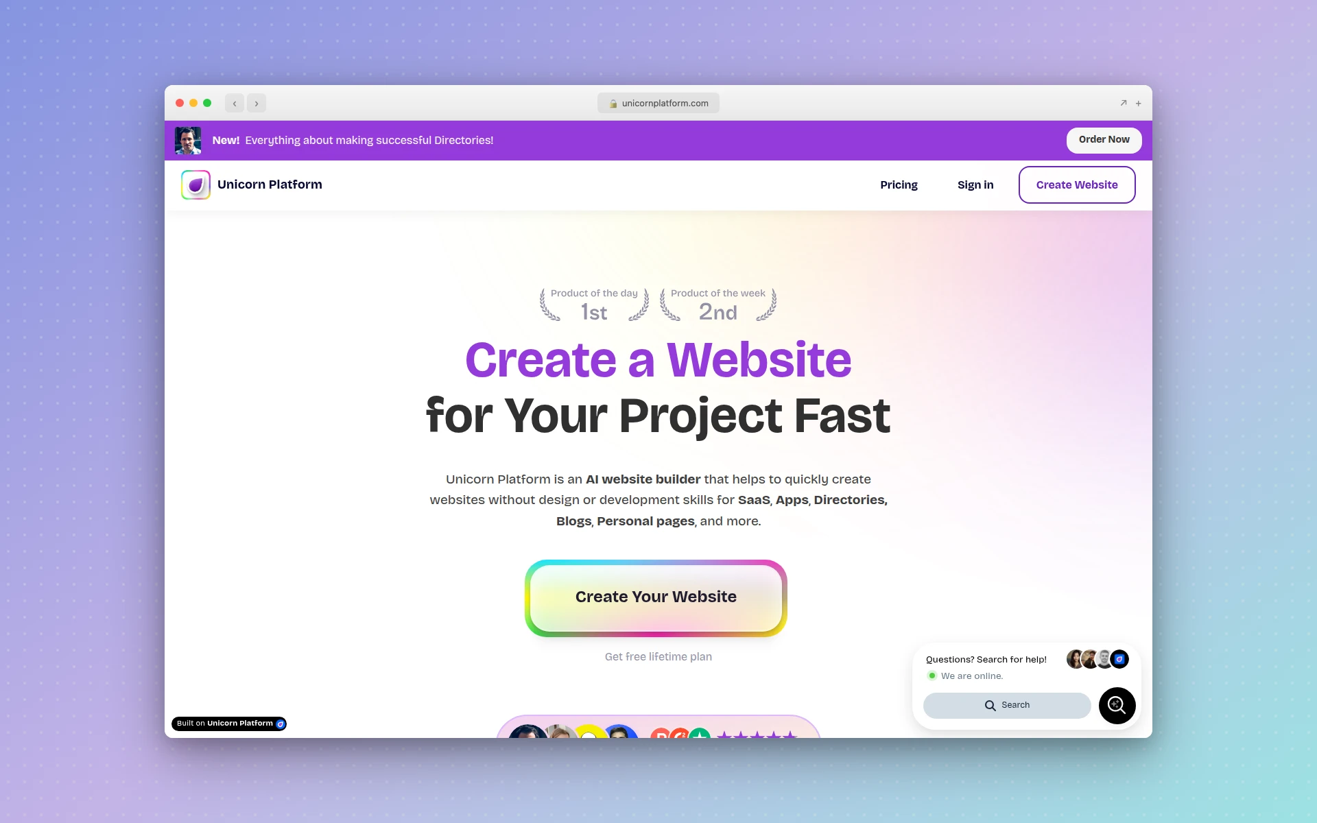Unicorn Platform startup landing page builder