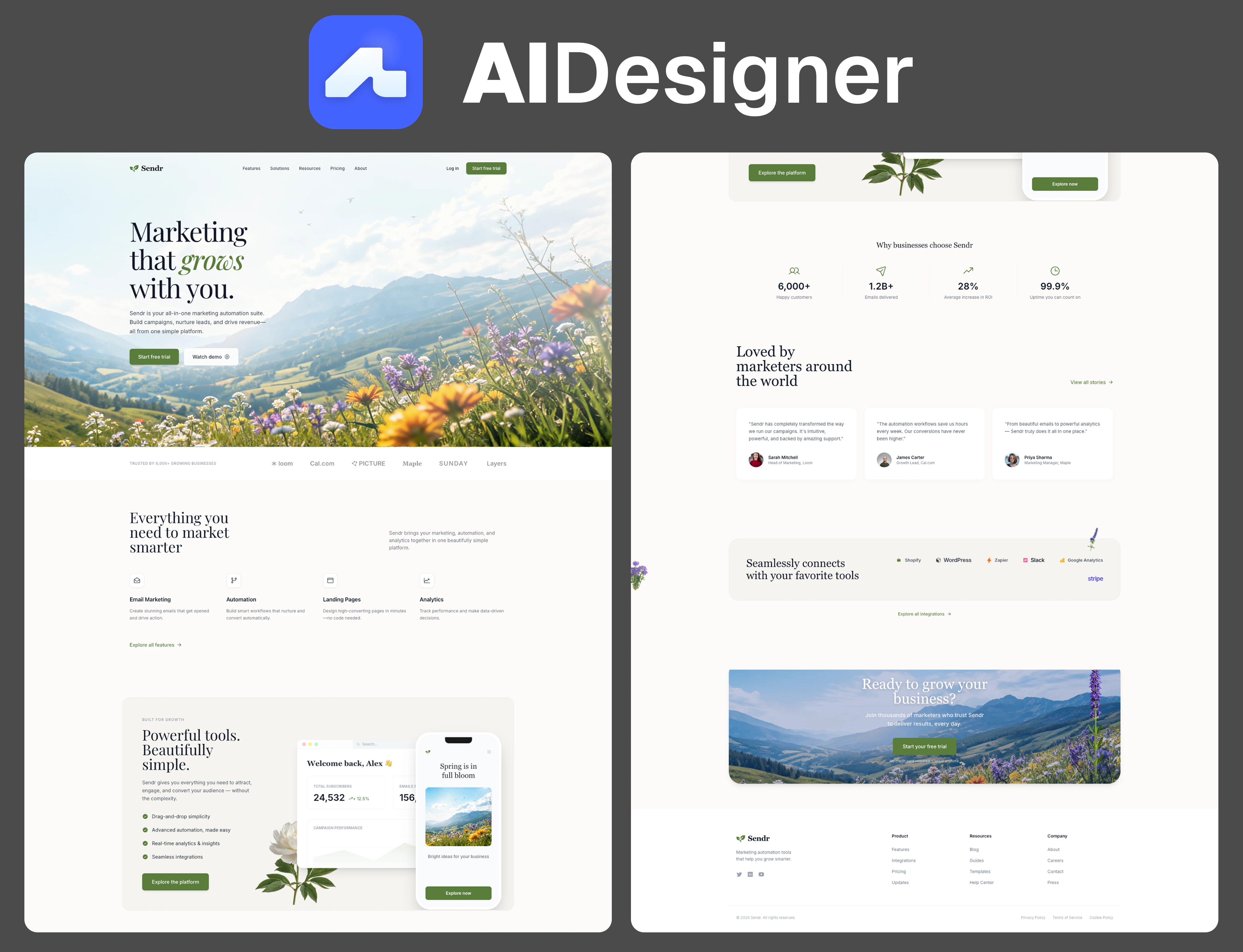AIDesigner's result for the Sendr bright-nature landing-page prompt