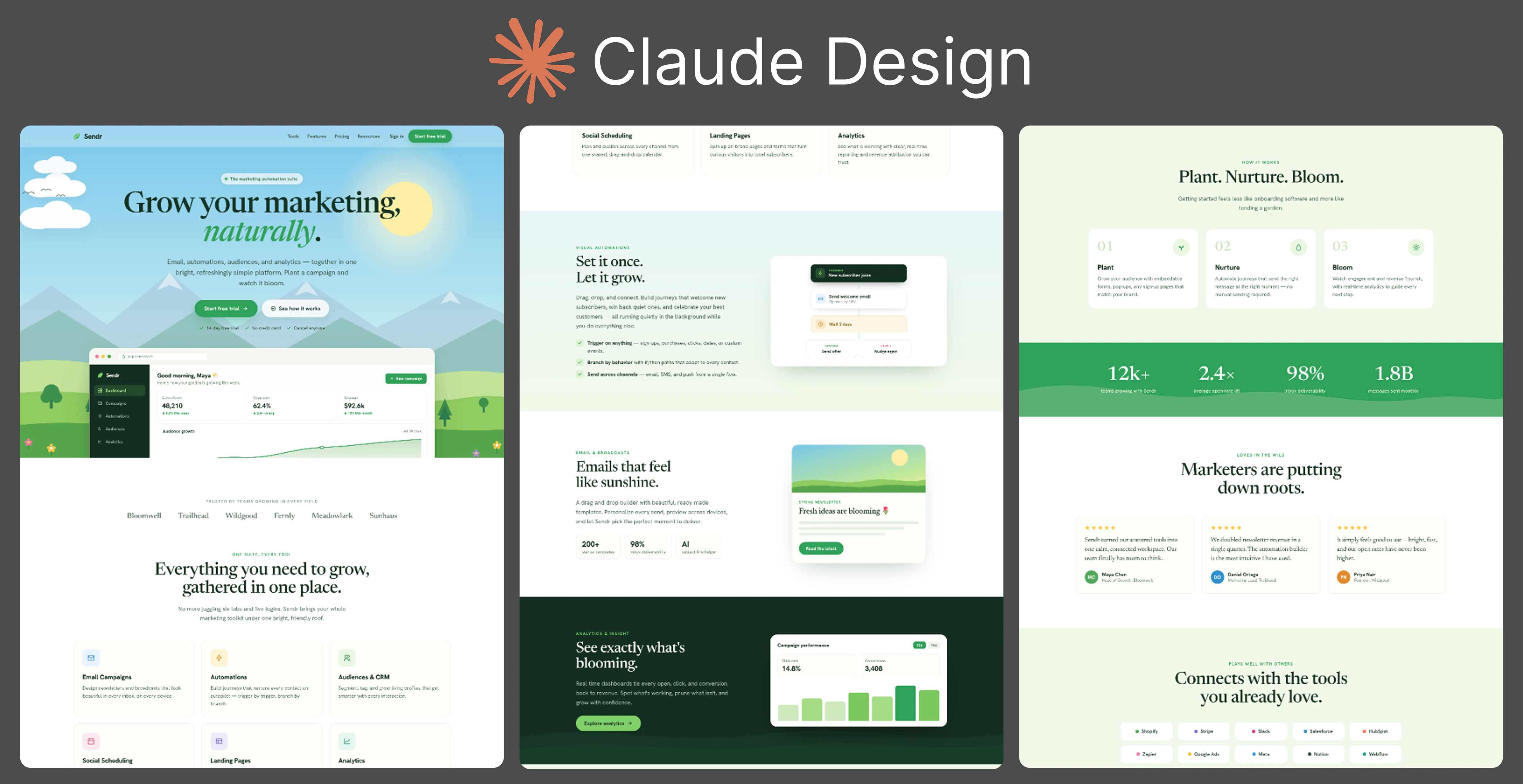 Claude Design's result for the Sendr bright-nature landing-page prompt