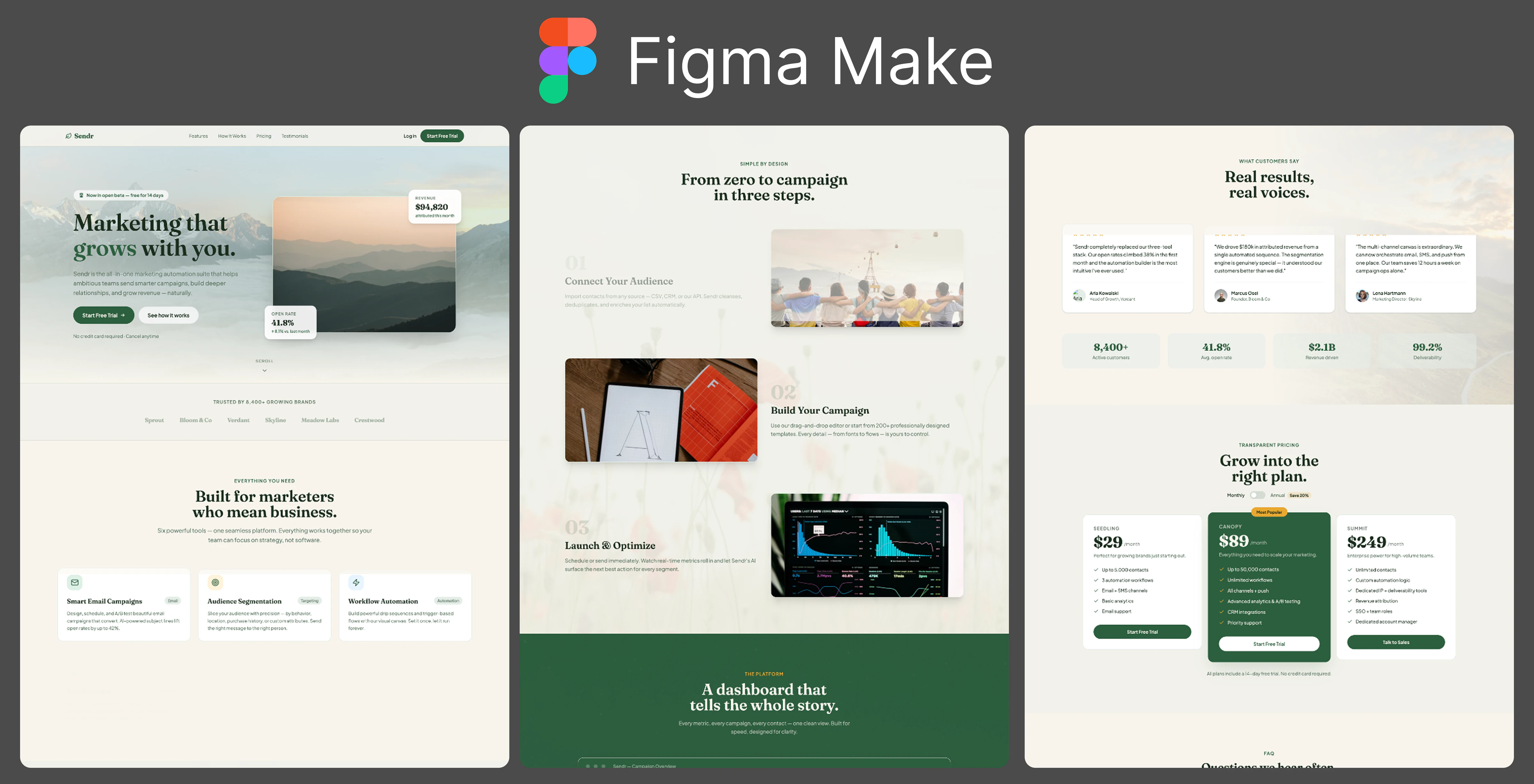 Figma Make's result for the Sendr bright-nature landing-page prompt