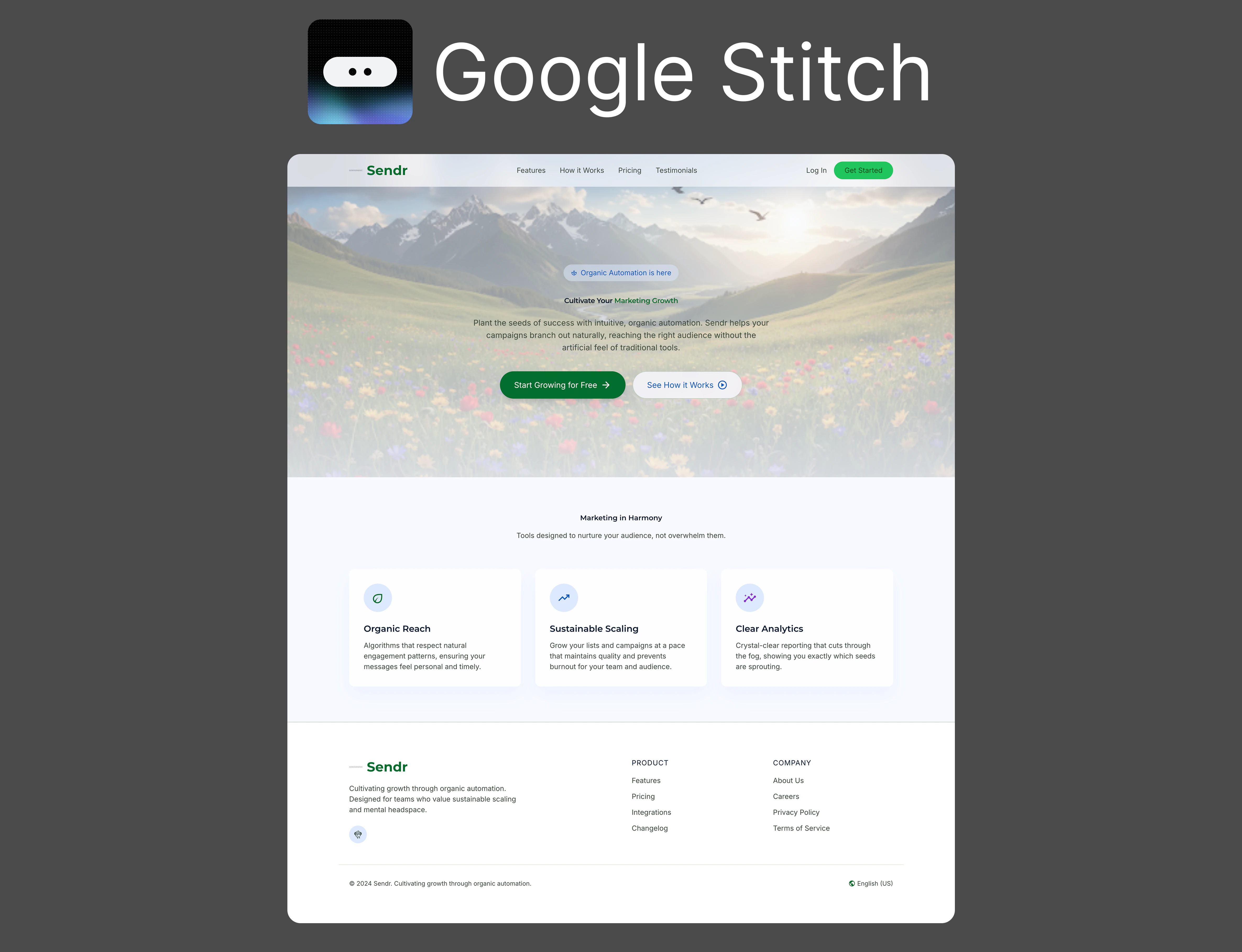 Google Stitch's result for the Sendr bright-nature landing-page prompt