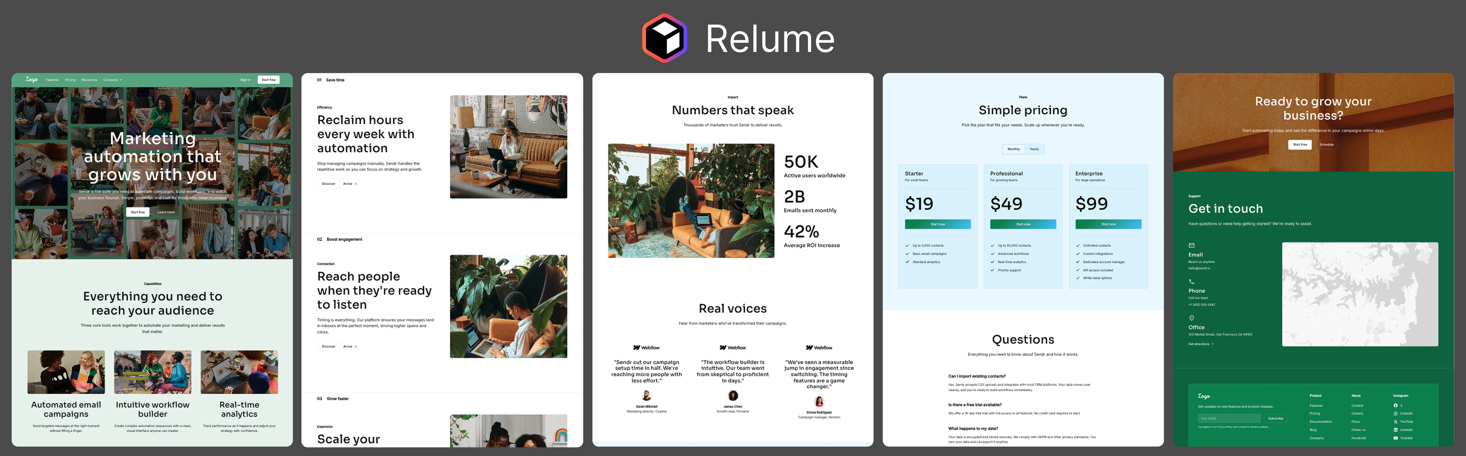 Relume's result for the Sendr bright-nature landing-page prompt