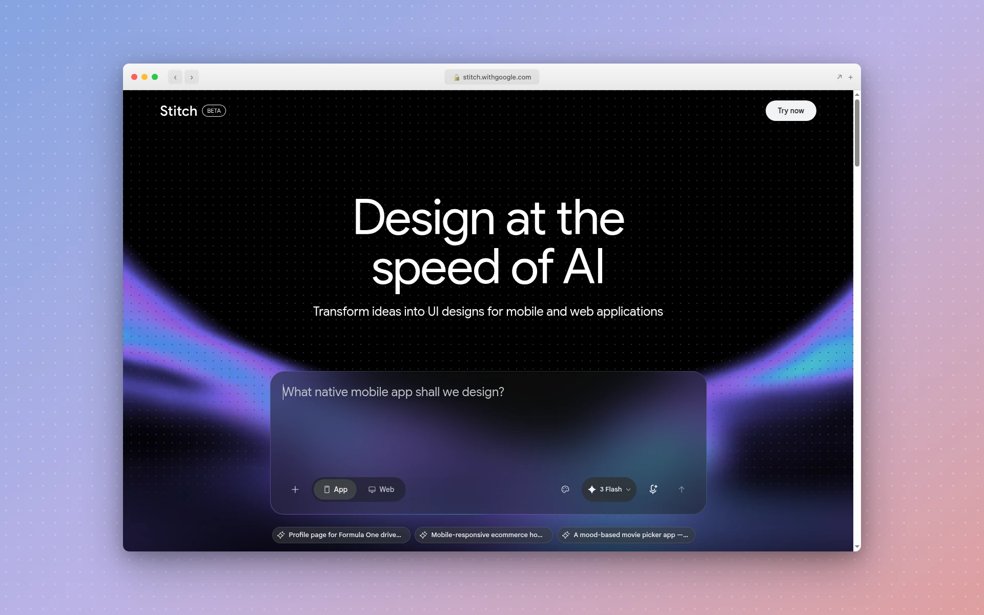 Google Stitch interface showing text-to-UI generation