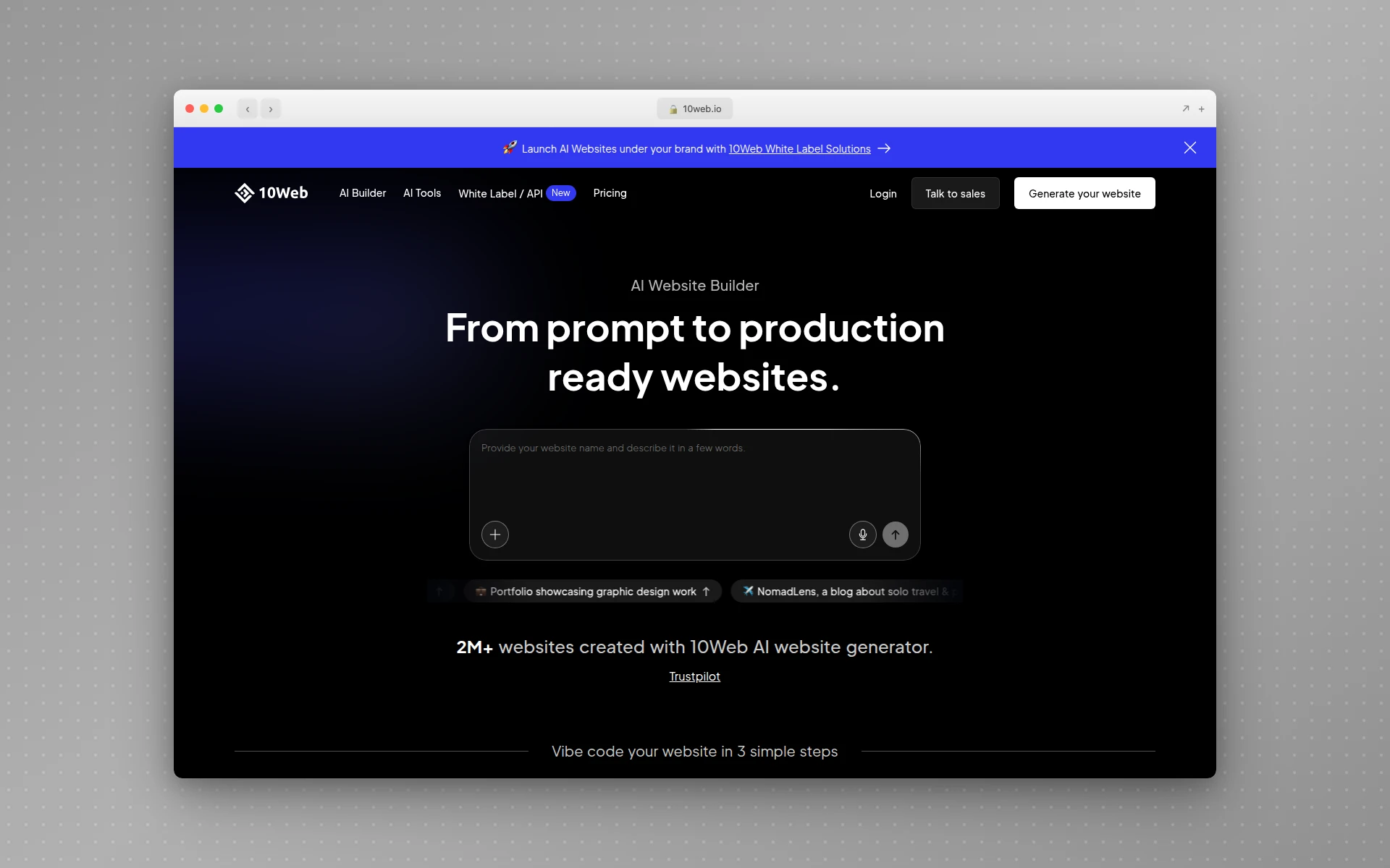 10Web AI website builder homepage