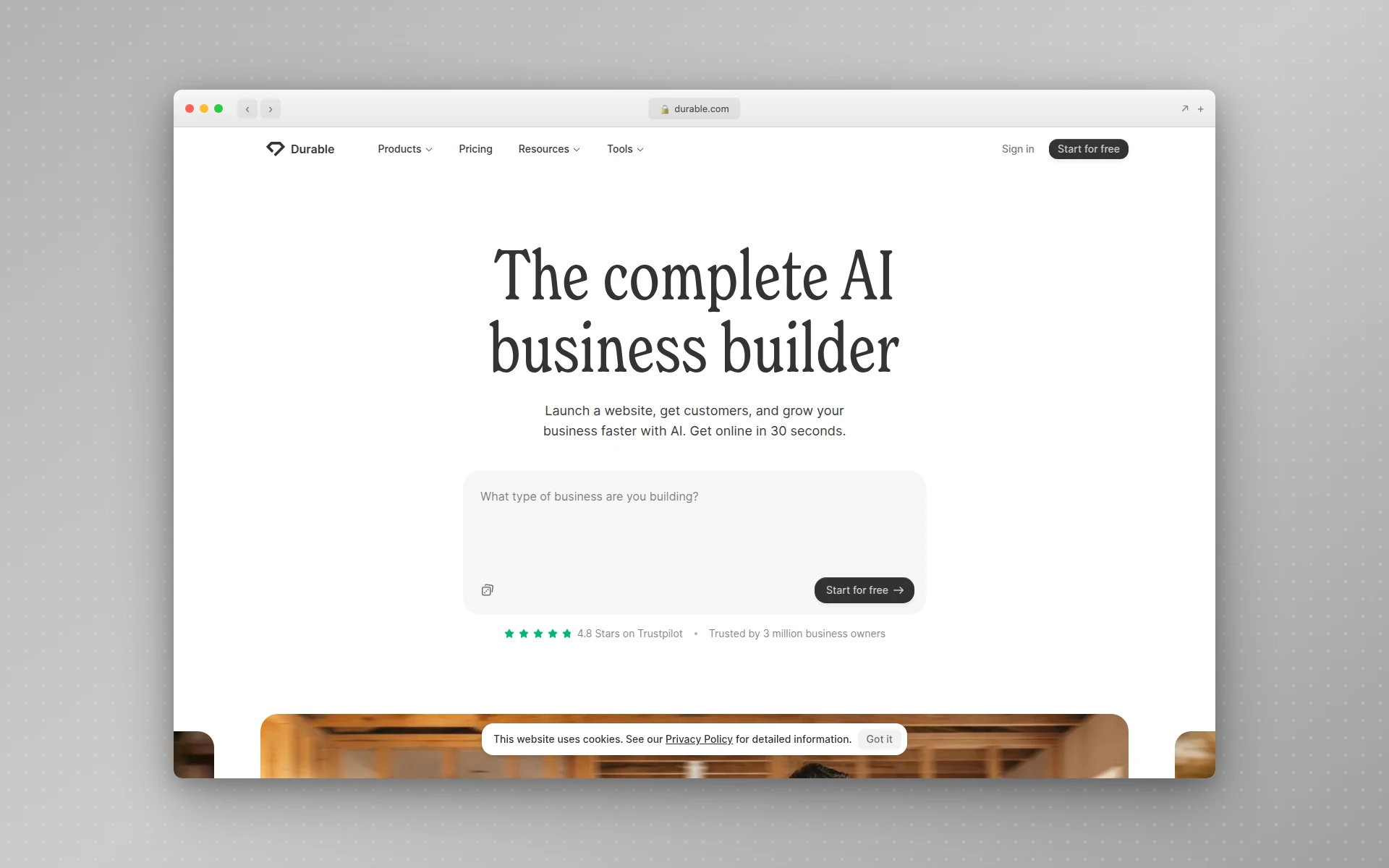 Durable AI website generator homepage