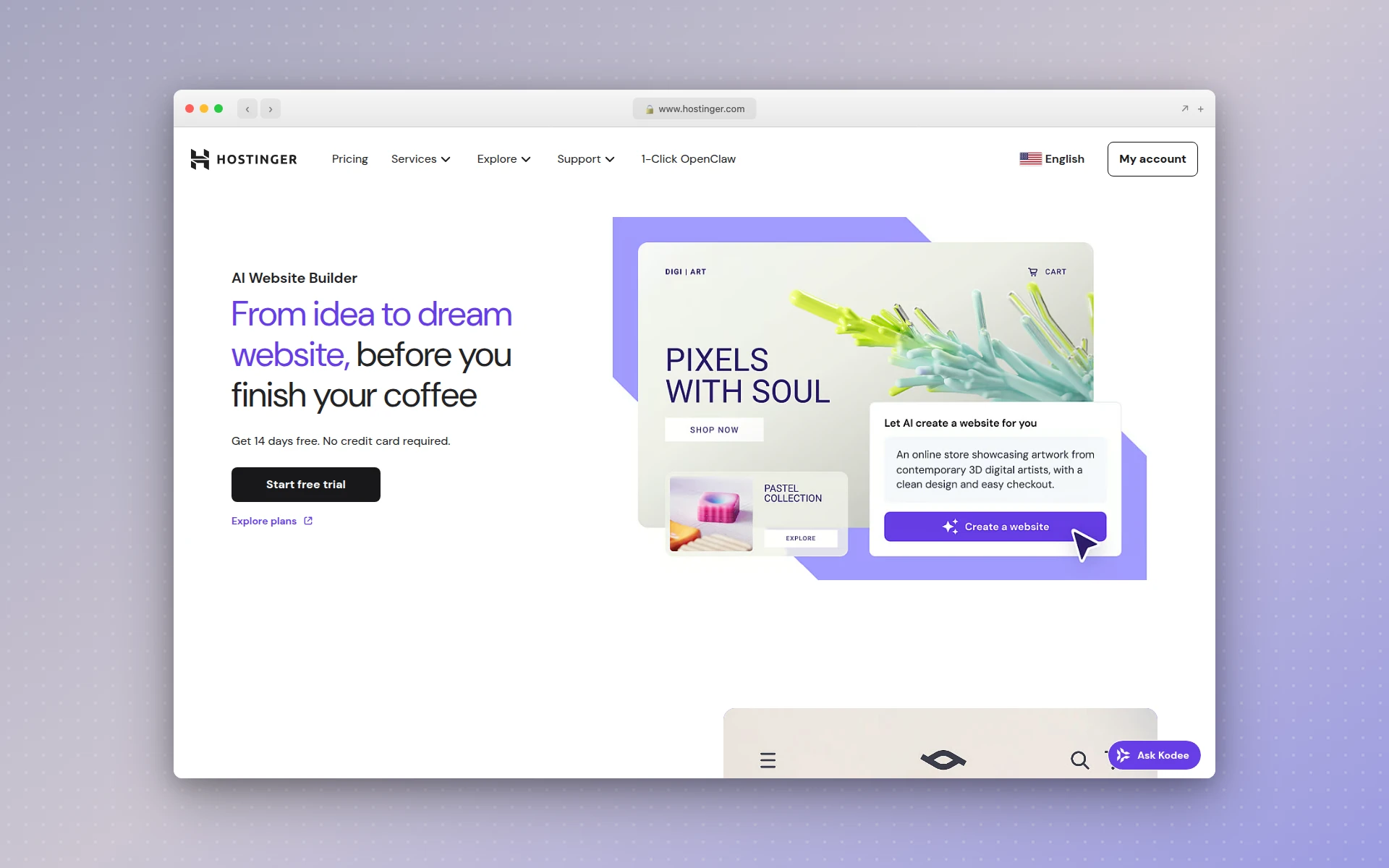 Hostinger AI website builder homepage