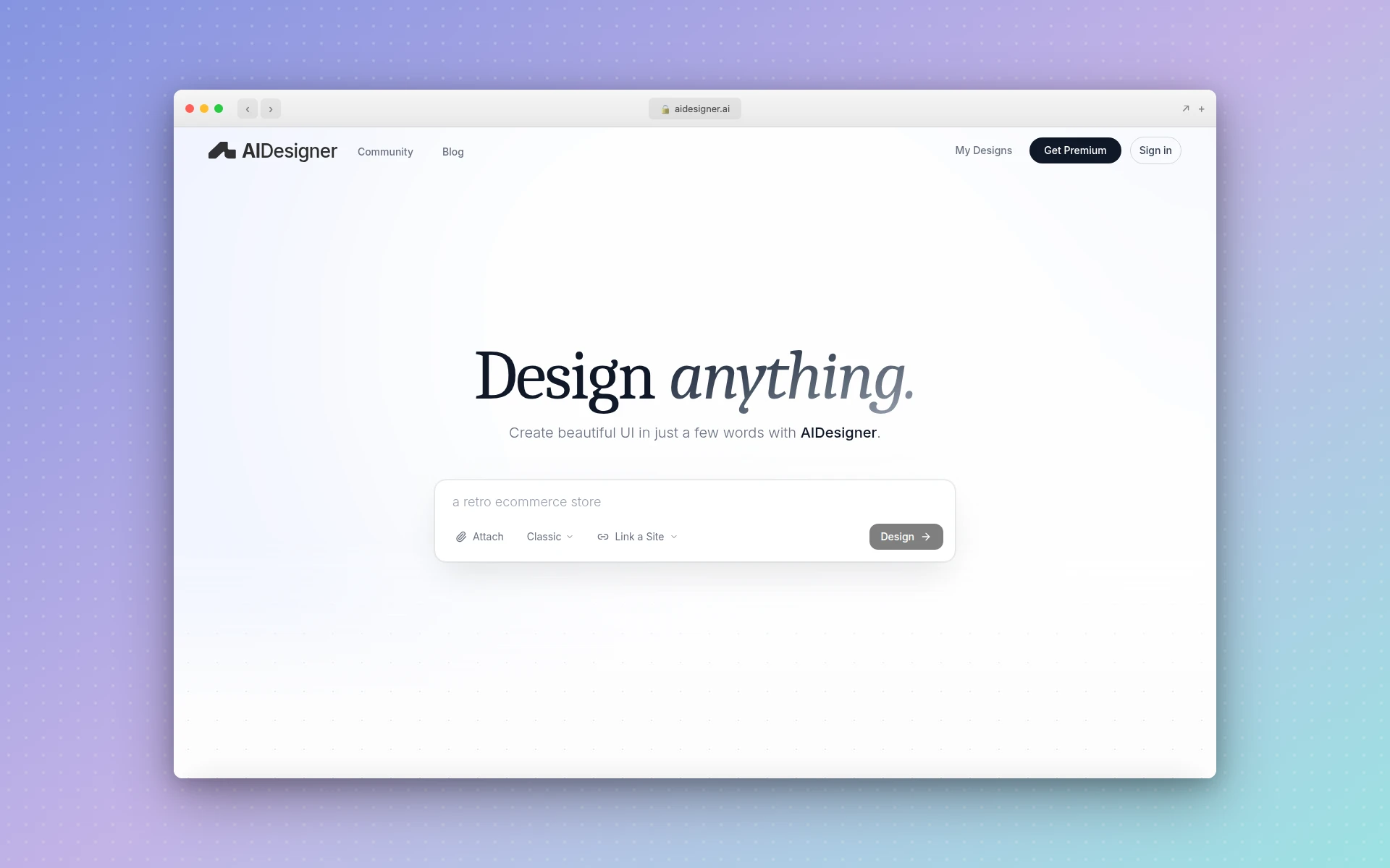 AIDesigner homepage showing AI-powered design generation