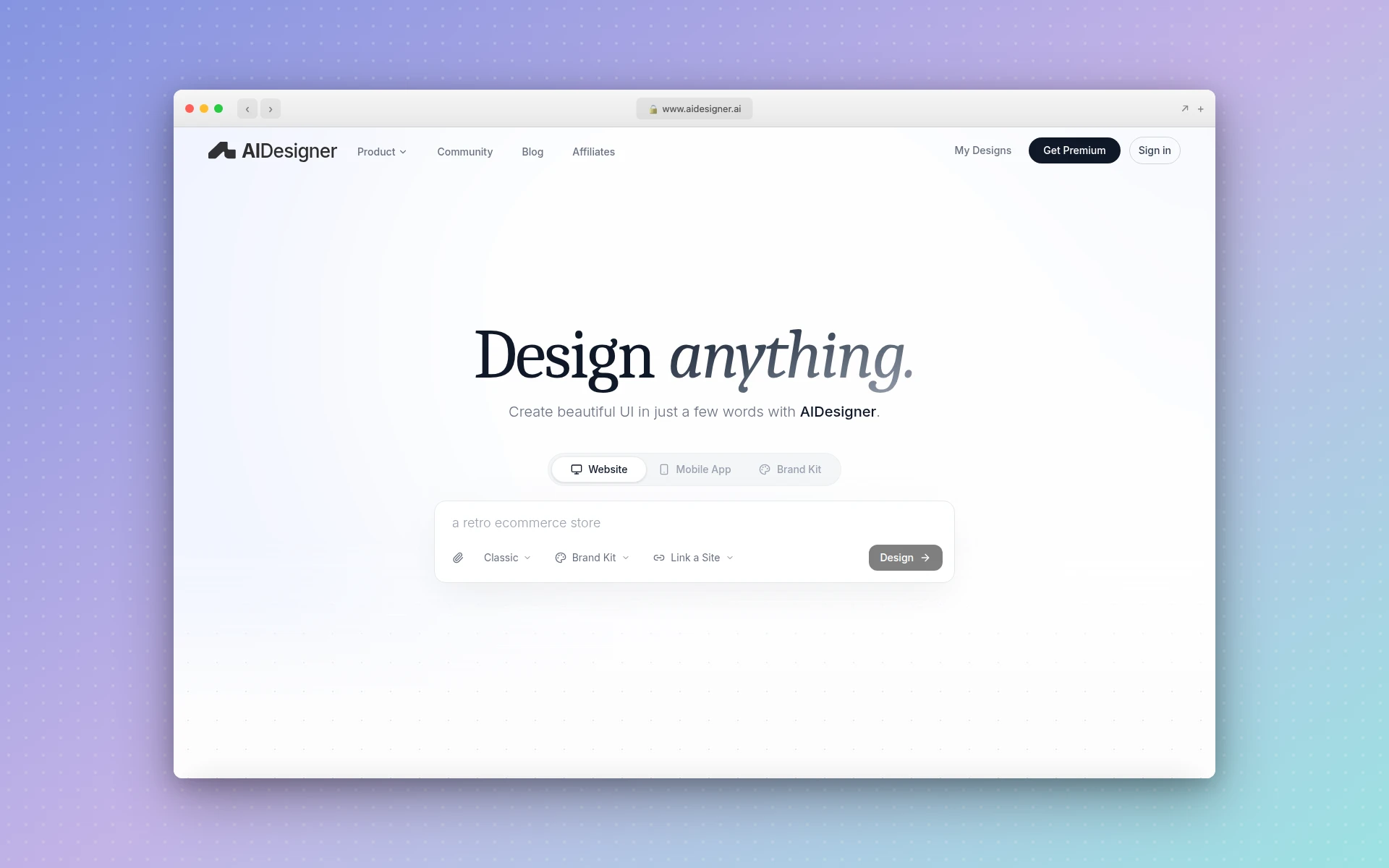AIDesigner's homepage — the AI UI design platform with a Claude Code MCP server, brand kits, and asset extraction built for coding-agent workflows