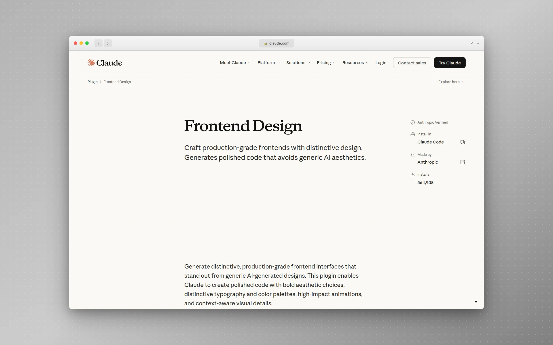 Anthropic's Frontend Design plugin page showing the official skill that pushes Claude Code toward distinctive aesthetics