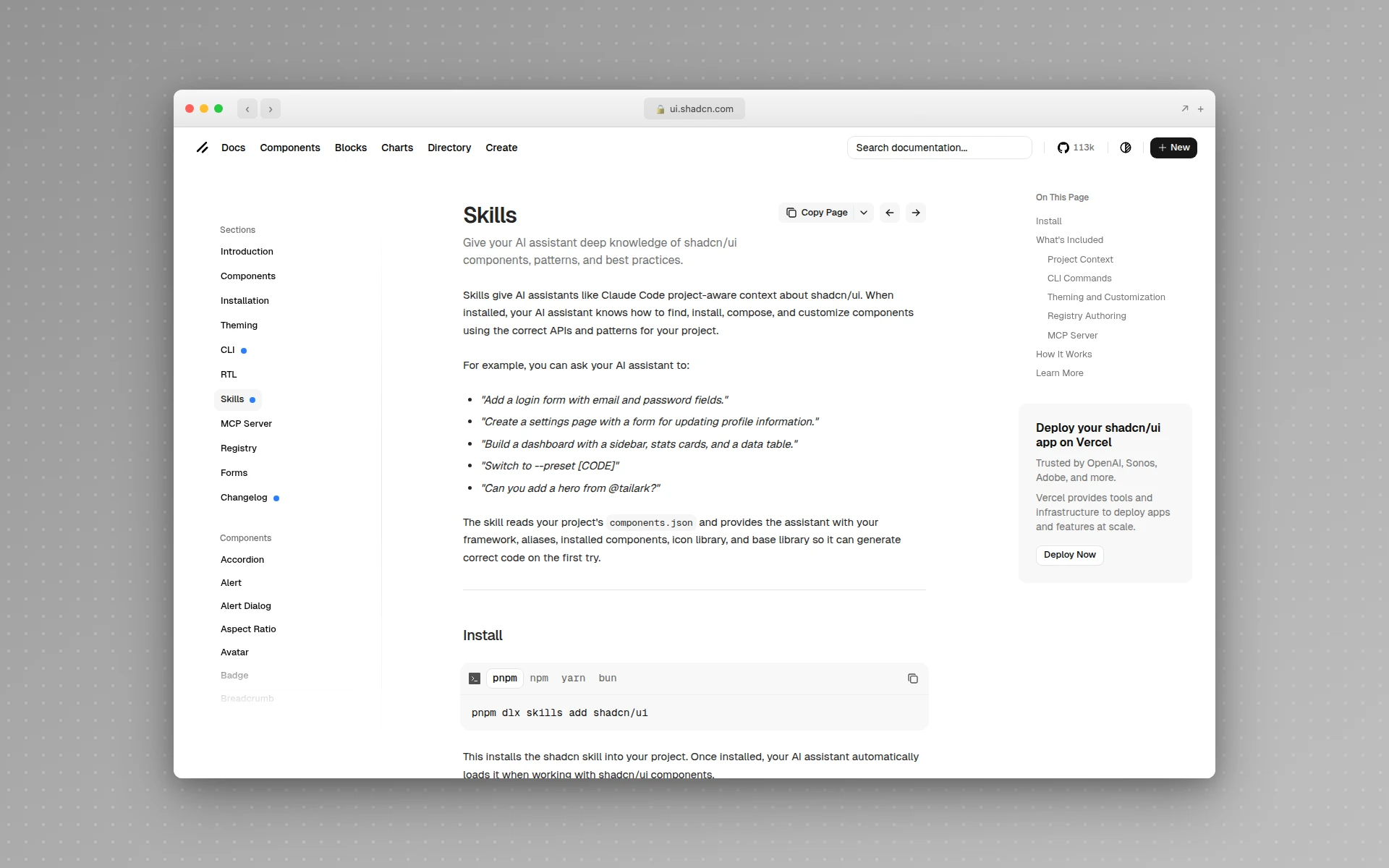 shadcn/ui's official skills documentation page covering the MCP server and the project skill