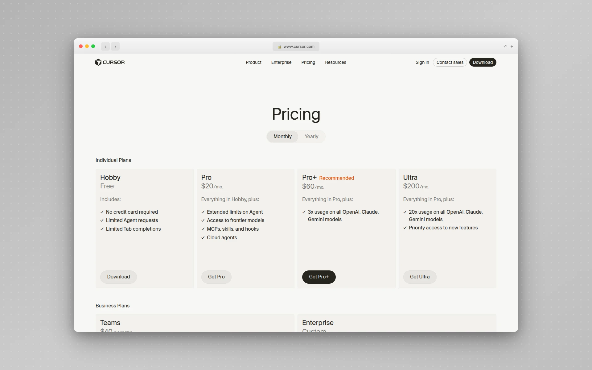 Cursor pricing page