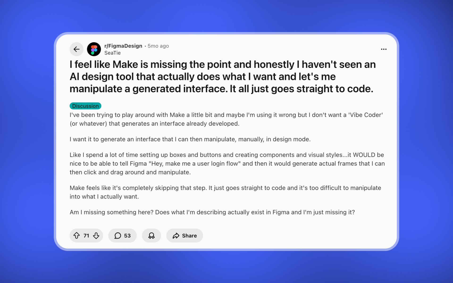 Reddit post discussing workflow fit and “what Make should be”