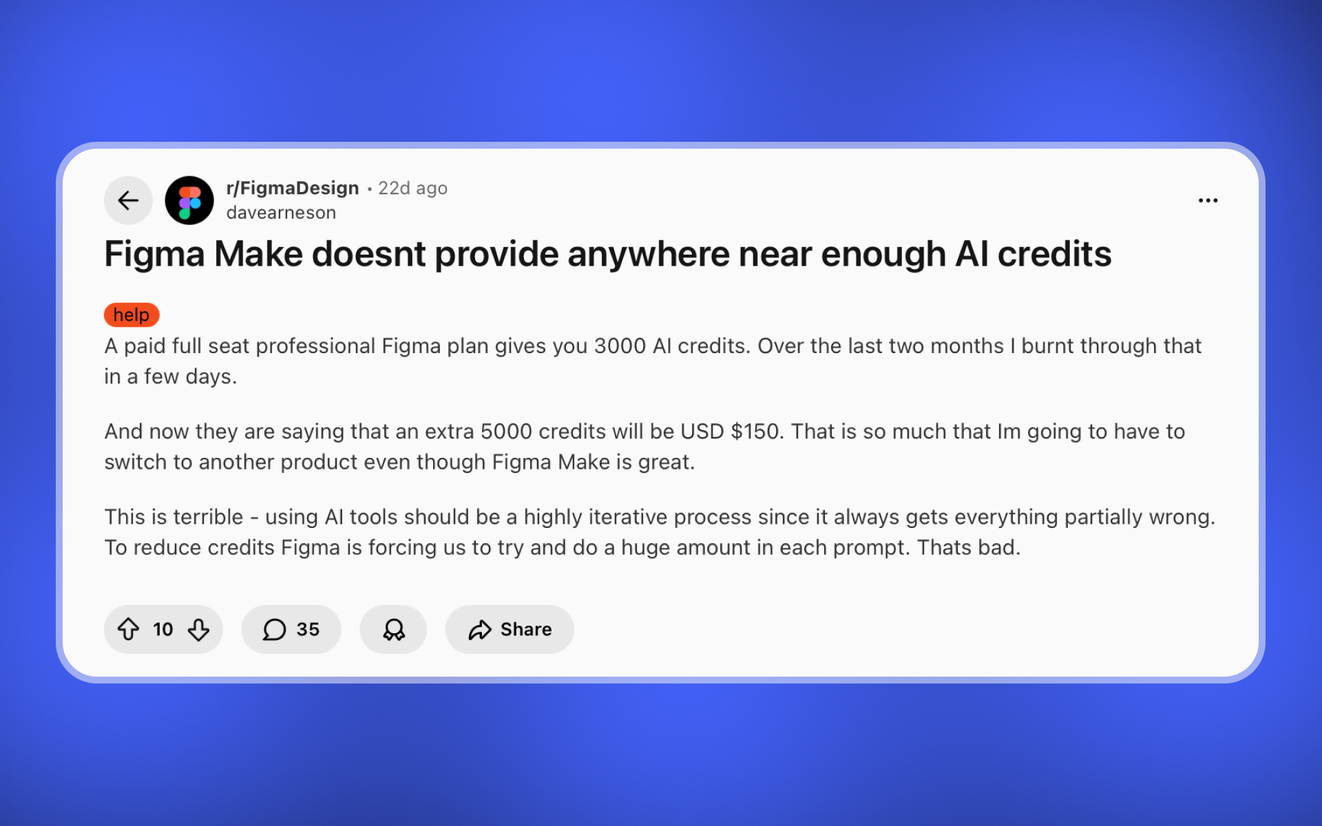 Reddit post: “doesn’t provide anywhere near enough AI credits”