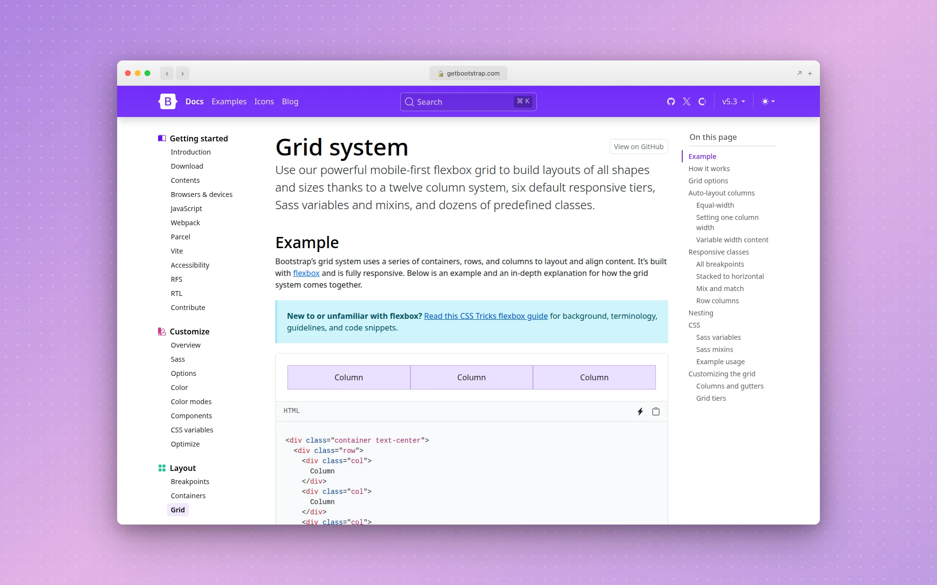 Bootstrap 5.3 grid system documentation page describing a layout system built with flexbox