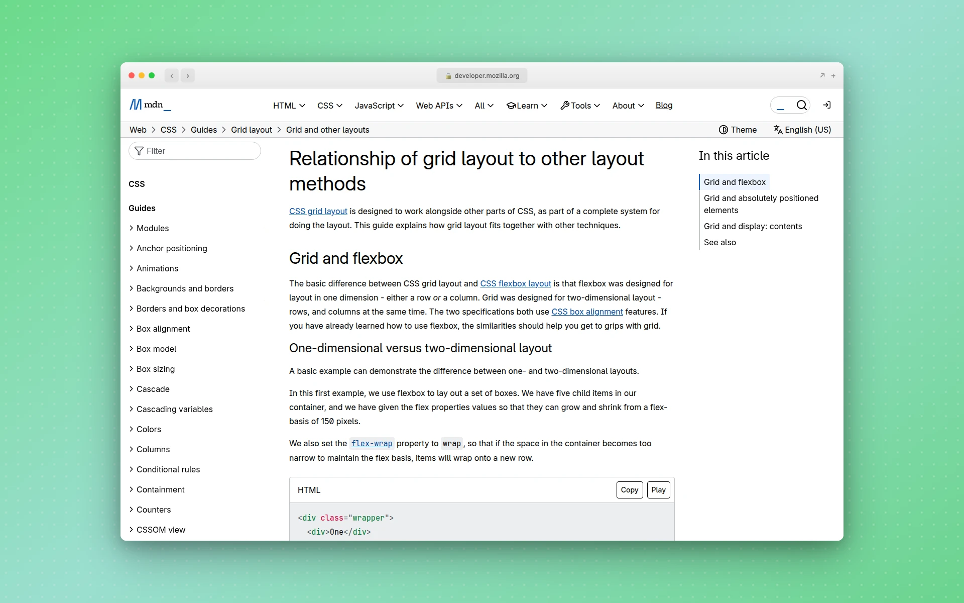 MDN Web Docs page explaining the relationship of CSS grid layout to flexbox and other layout methods